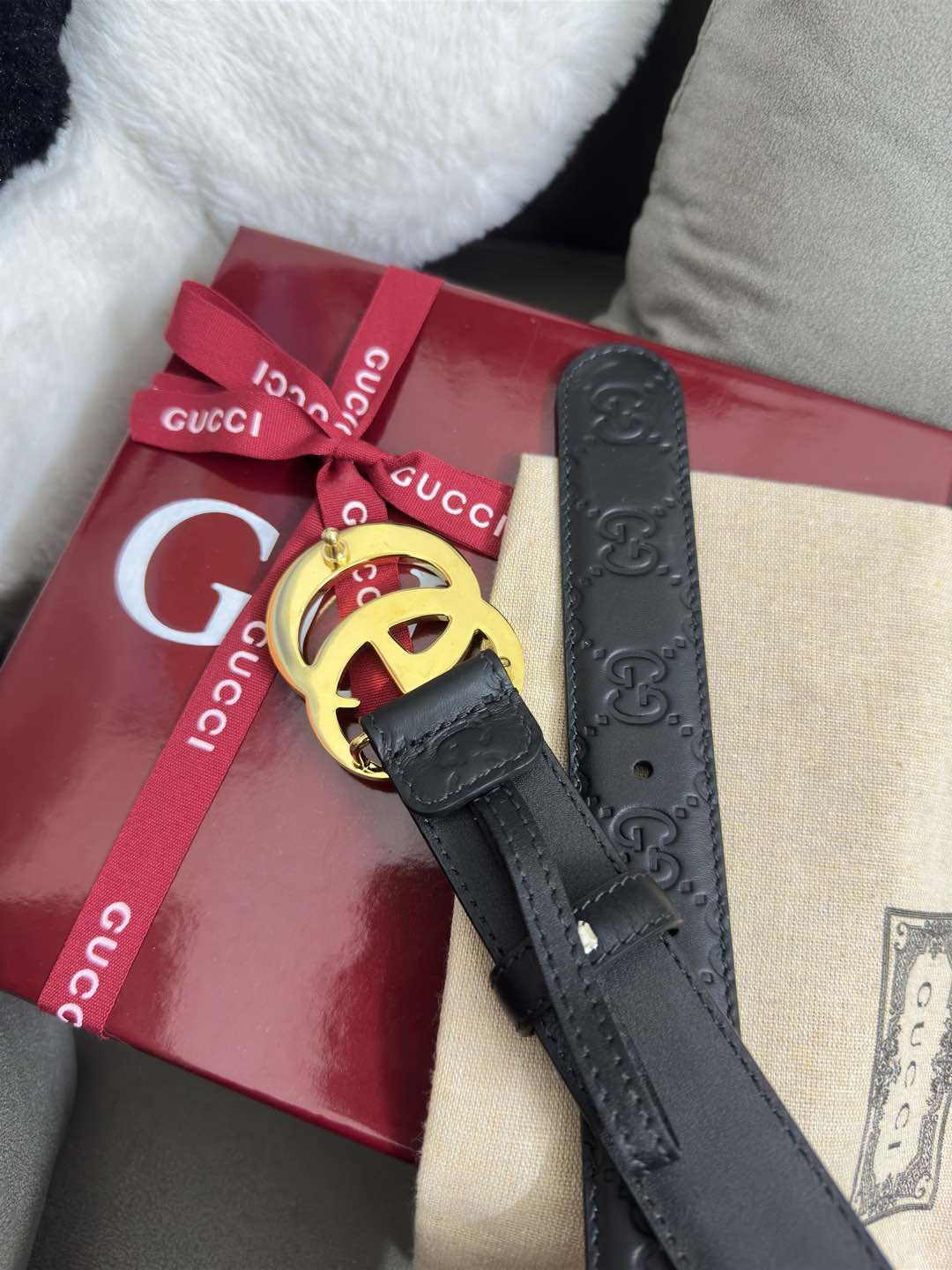  Gucci  百搭黑色GG压花  宽度 3.0cm  平面GG扣