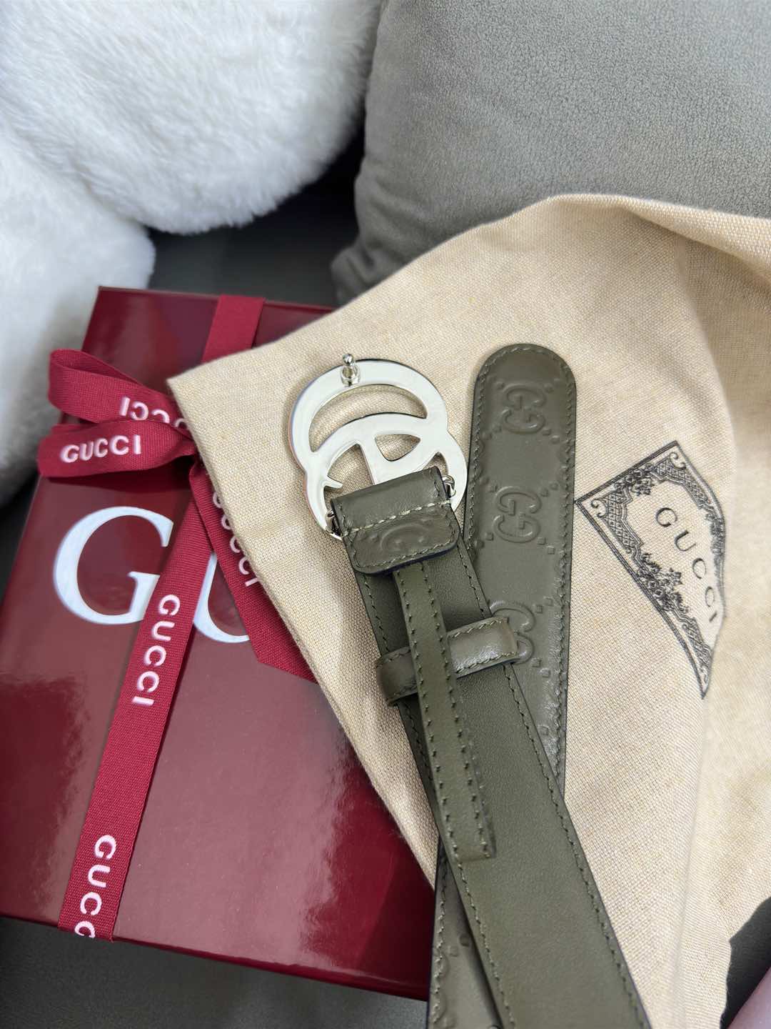  Gucci  鼠尾草绿GG压花  宽度 3.0cm  平面GG扣