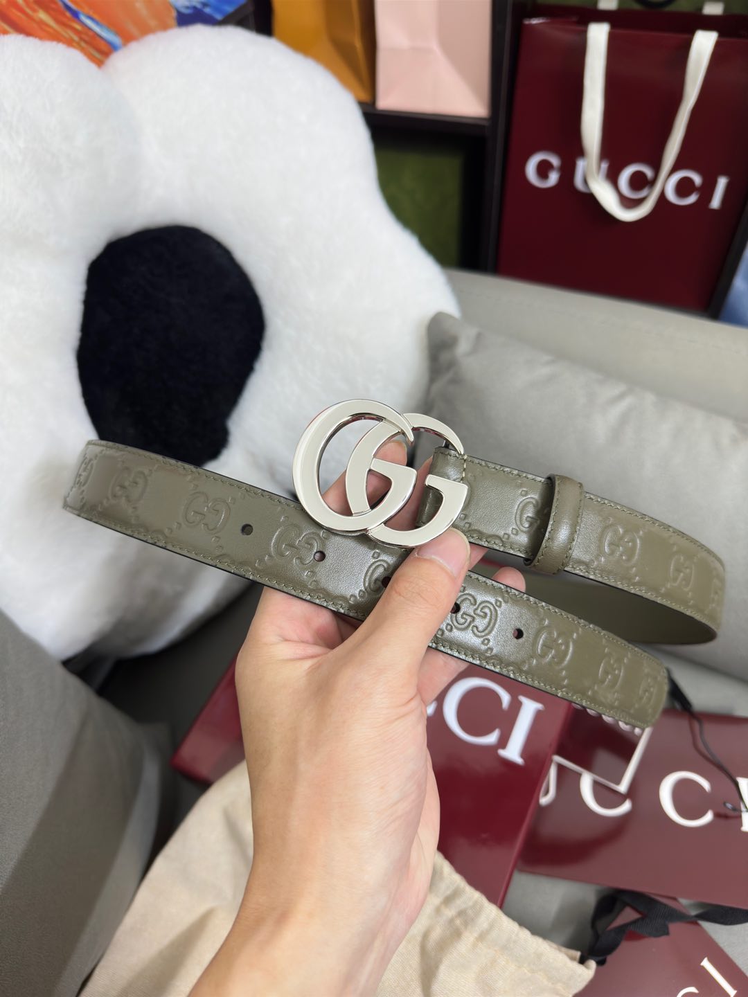  Gucci  鼠尾草绿GG压花  宽度 3.0cm  平面GG扣