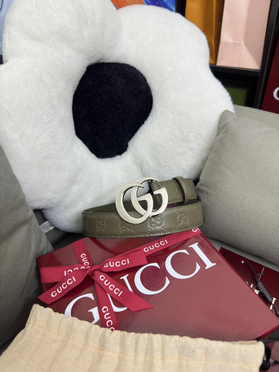  Gucci  鼠尾草绿GG压花  宽度 3.0cm  平面GG扣