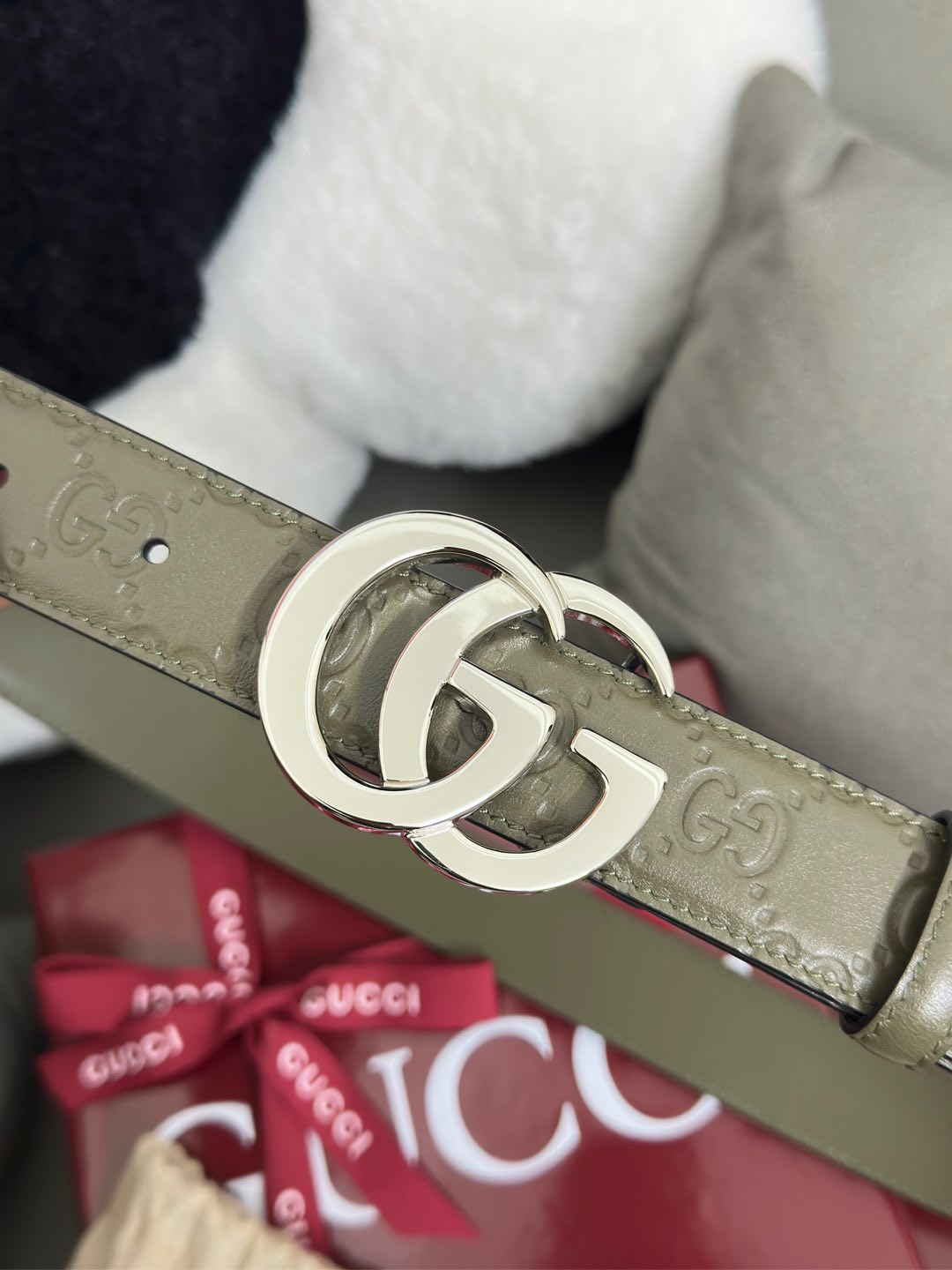  Gucci  鼠尾草绿GG压花  宽度 3.0cm  平面GG扣