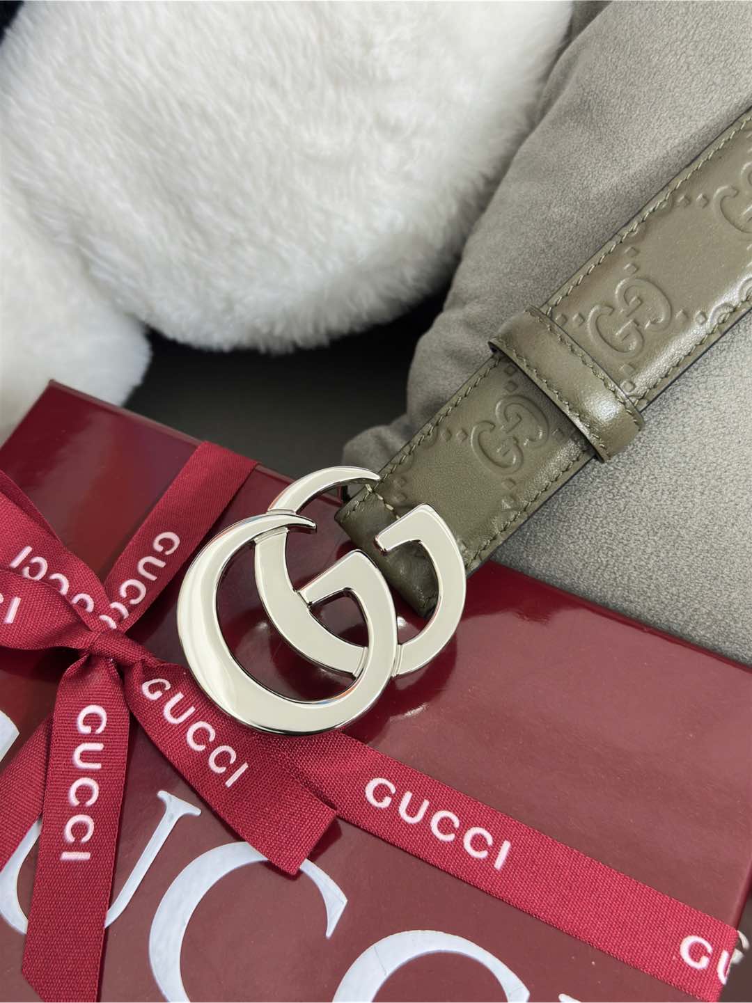  Gucci  鼠尾草绿GG压花  宽度 3.0cm  平面GG扣