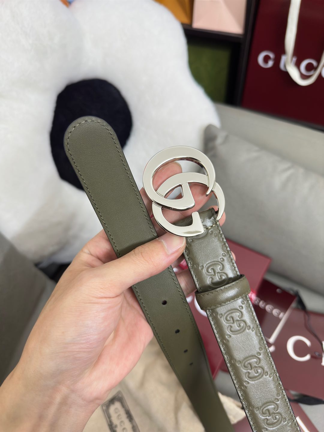  Gucci  鼠尾草绿GG压花  宽度 3.0cm  平面GG扣