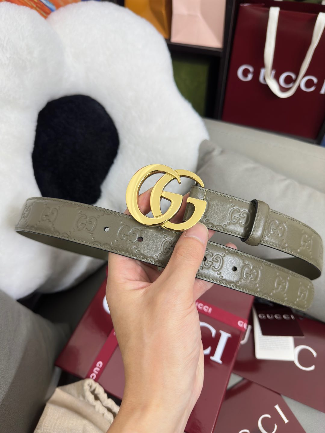  Gucci  鼠尾草绿GG压花  宽度 3.0cm  平面GG扣