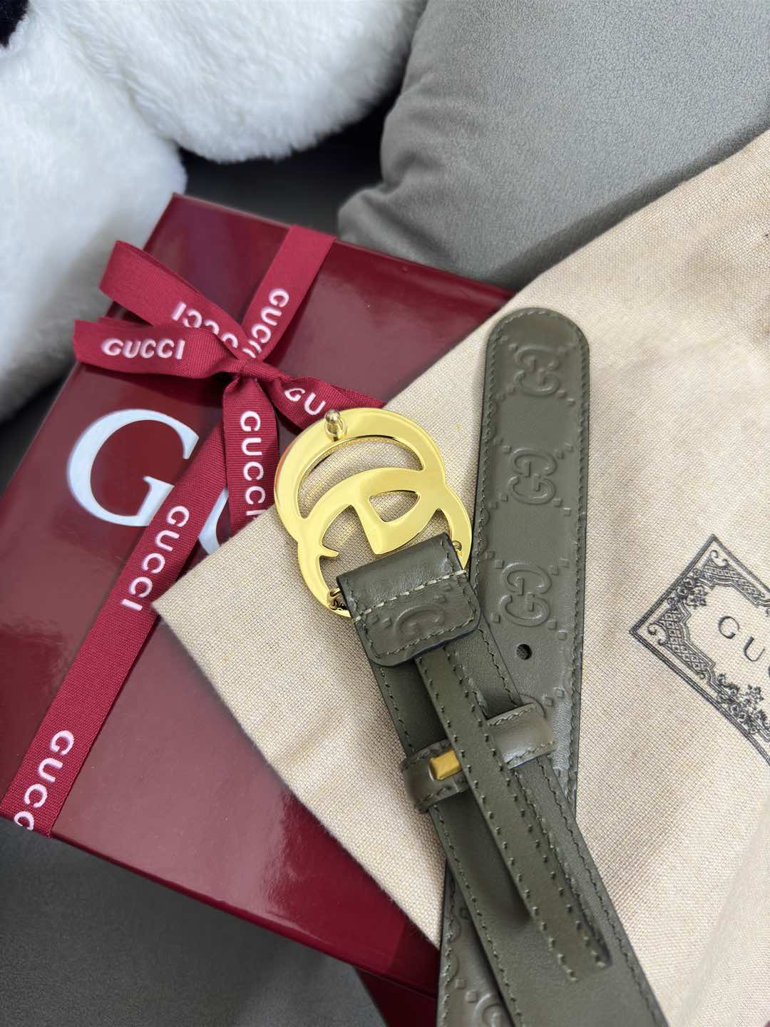  Gucci  鼠尾草绿GG压花  宽度 3.0cm  平面GG扣