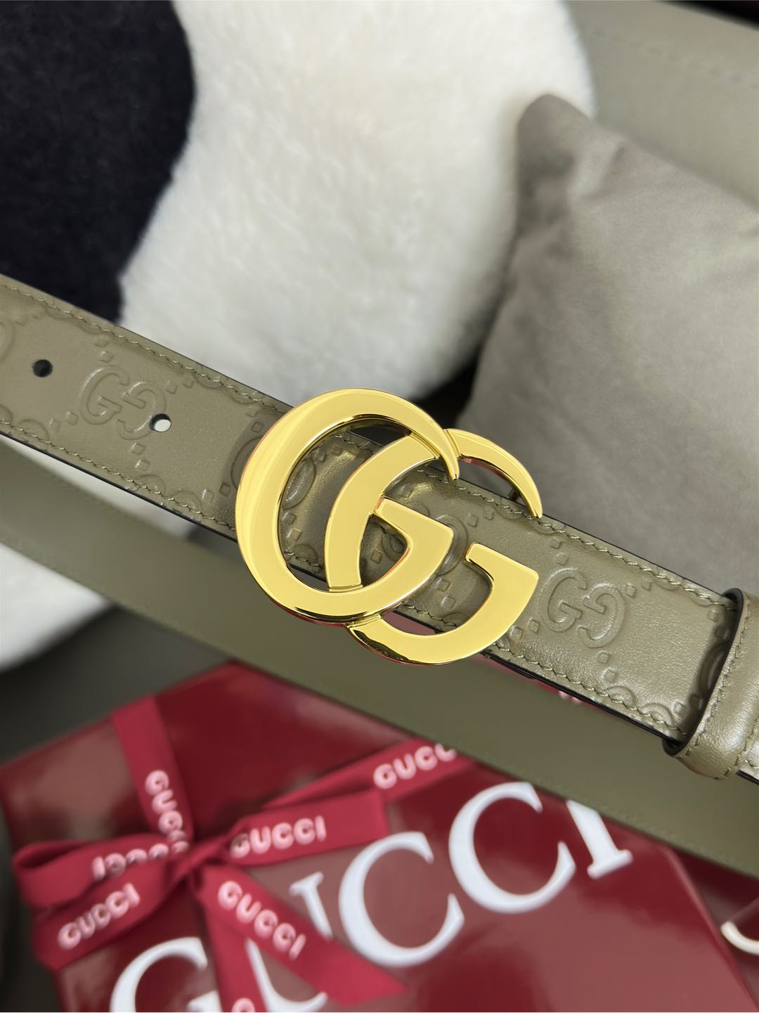  Gucci  鼠尾草绿GG压花  宽度 3.0cm  平面GG扣