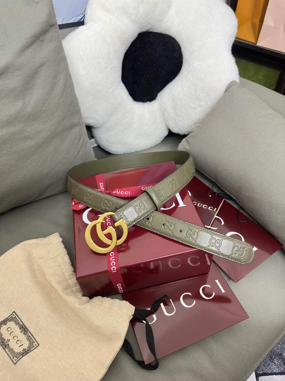  Gucci  鼠尾草绿GG压花  宽度 3.0cm  平面GG扣