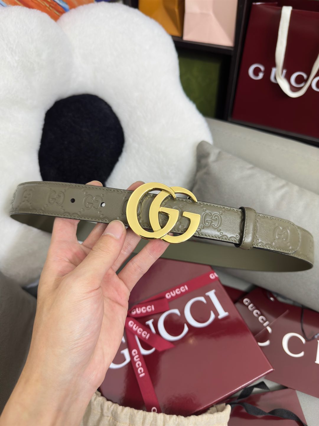  Gucci  鼠尾草绿GG压花  宽度 3.0cm  平面GG扣