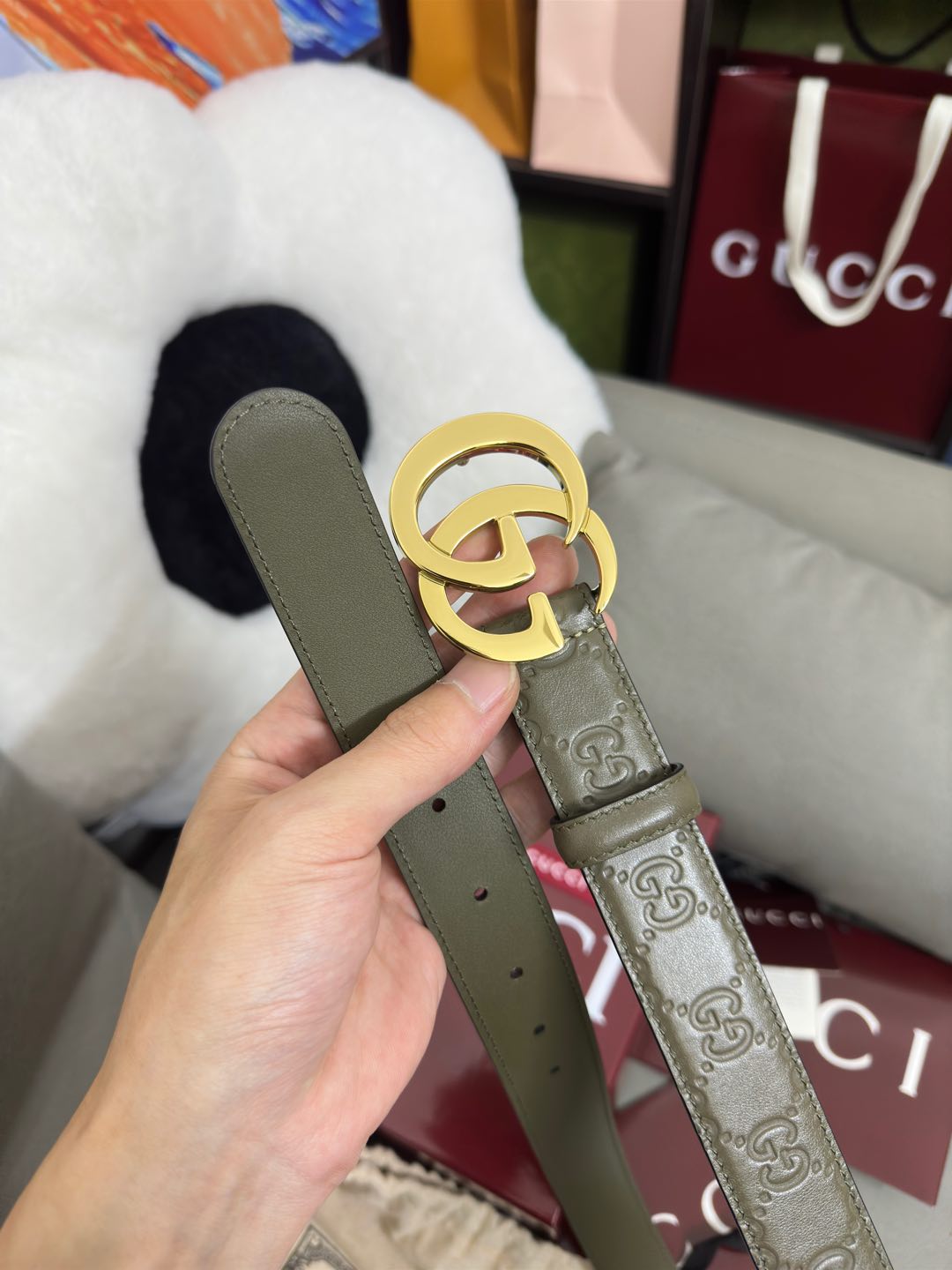  Gucci  鼠尾草绿GG压花  宽度 3.0cm  平面GG扣