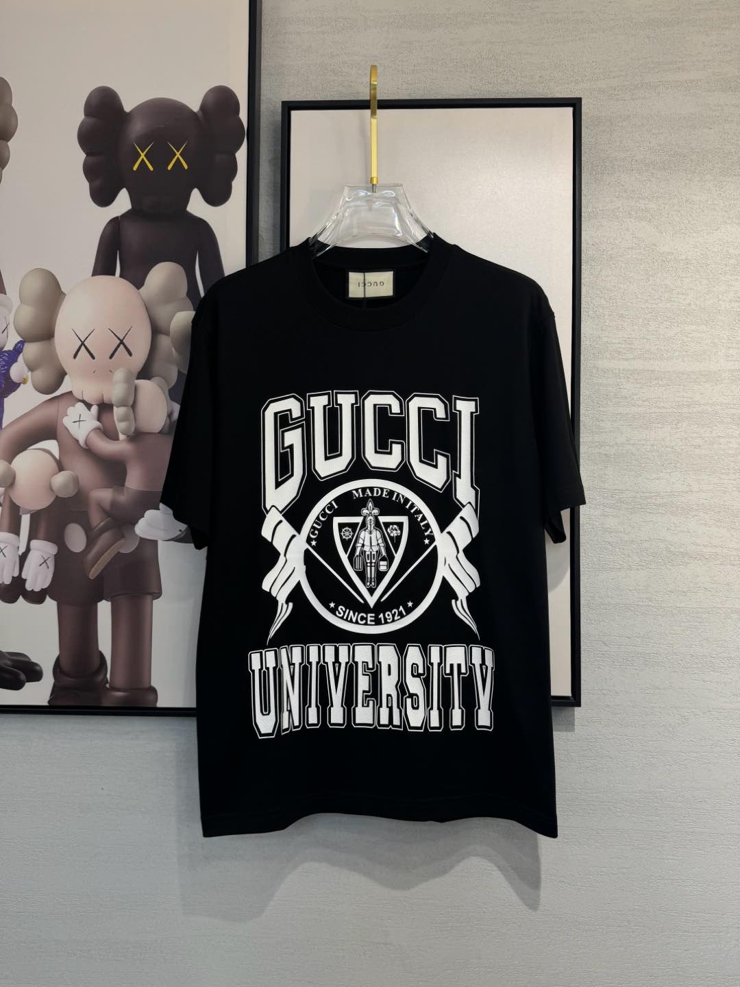 Gucci Clothing T-Shirt Black White Cotton Spring/Summer Collection Fashion Short Sleeve