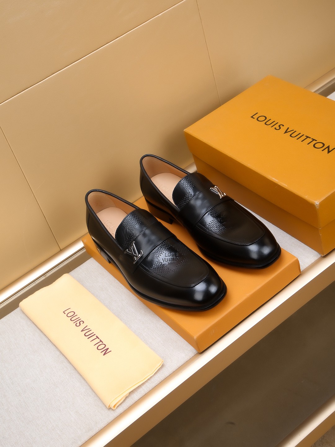 Louis Vuitton Men's Black Leather Loafers with LV Logo Accent