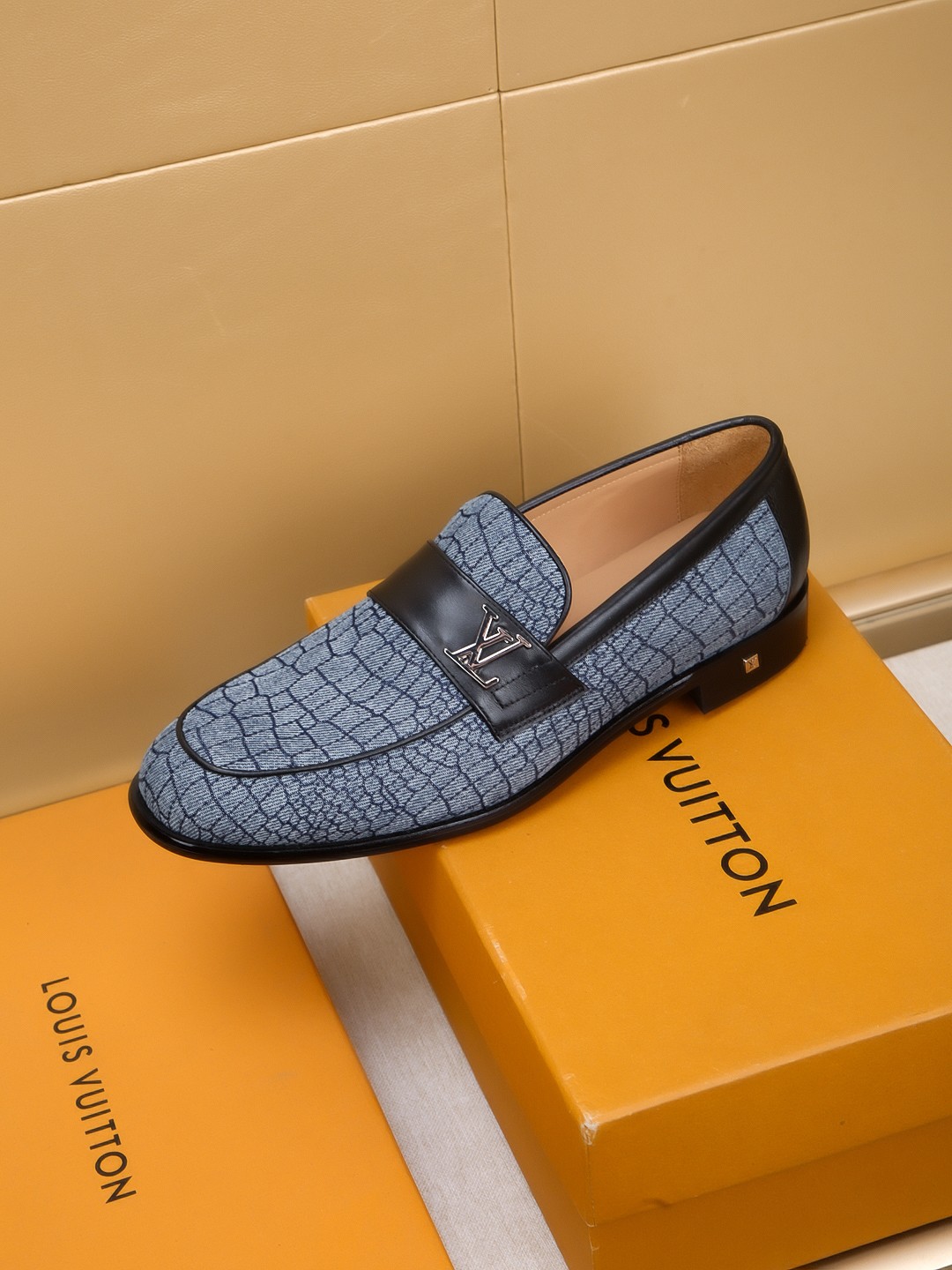 Louis Vuitton Men's Blue Leather Embossed Loafers with LV Hardware 7 a1742405533464 1483