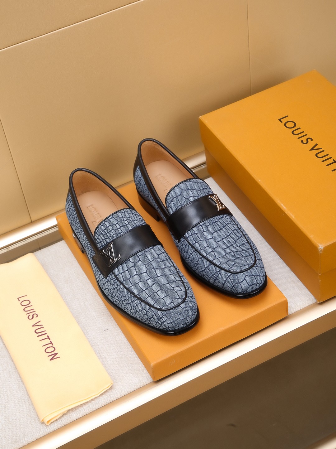 Louis Vuitton Men's Blue Leather Embossed Loafers with LV Hardware