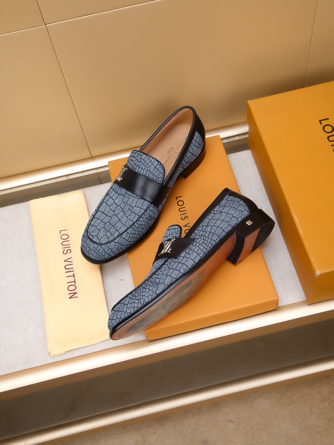 Louis Vuitton Men's Blue Leather Embossed Loafers with LV Hardware 6 a1742405533503 7815