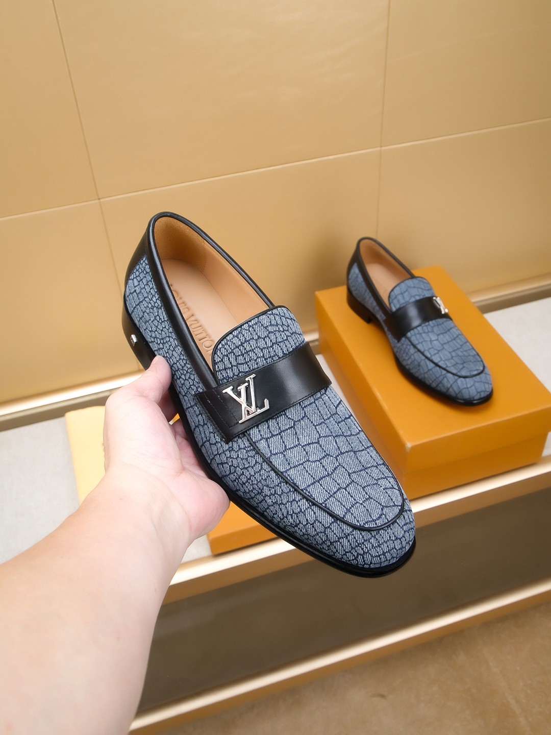 Louis Vuitton Men's Blue Leather Embossed Loafers with LV Hardware 4 a1742405533567 3076