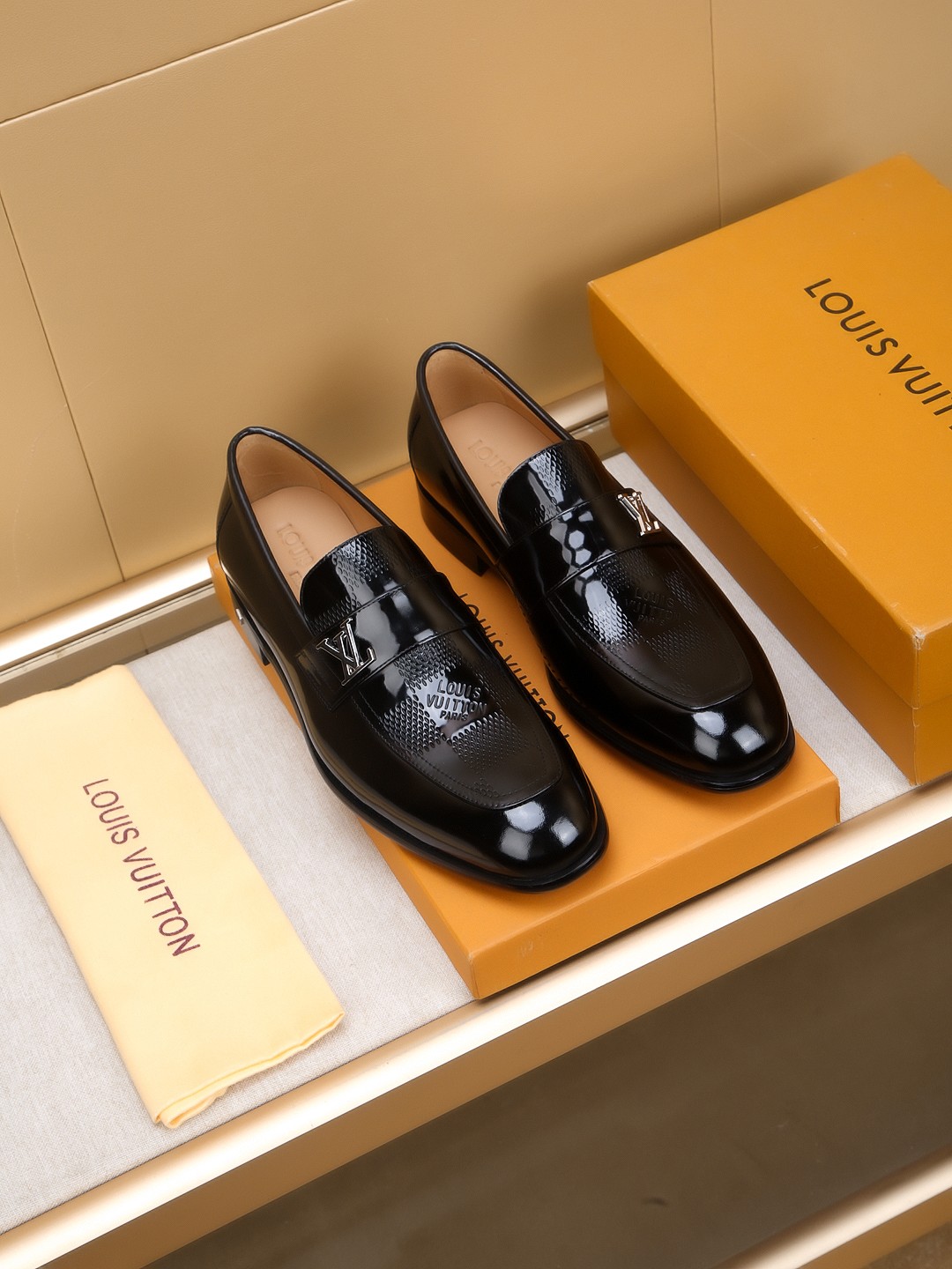 Louis Vuitton Men's Black Leather Loafers with Embossed Detailing, Sizes 39-44