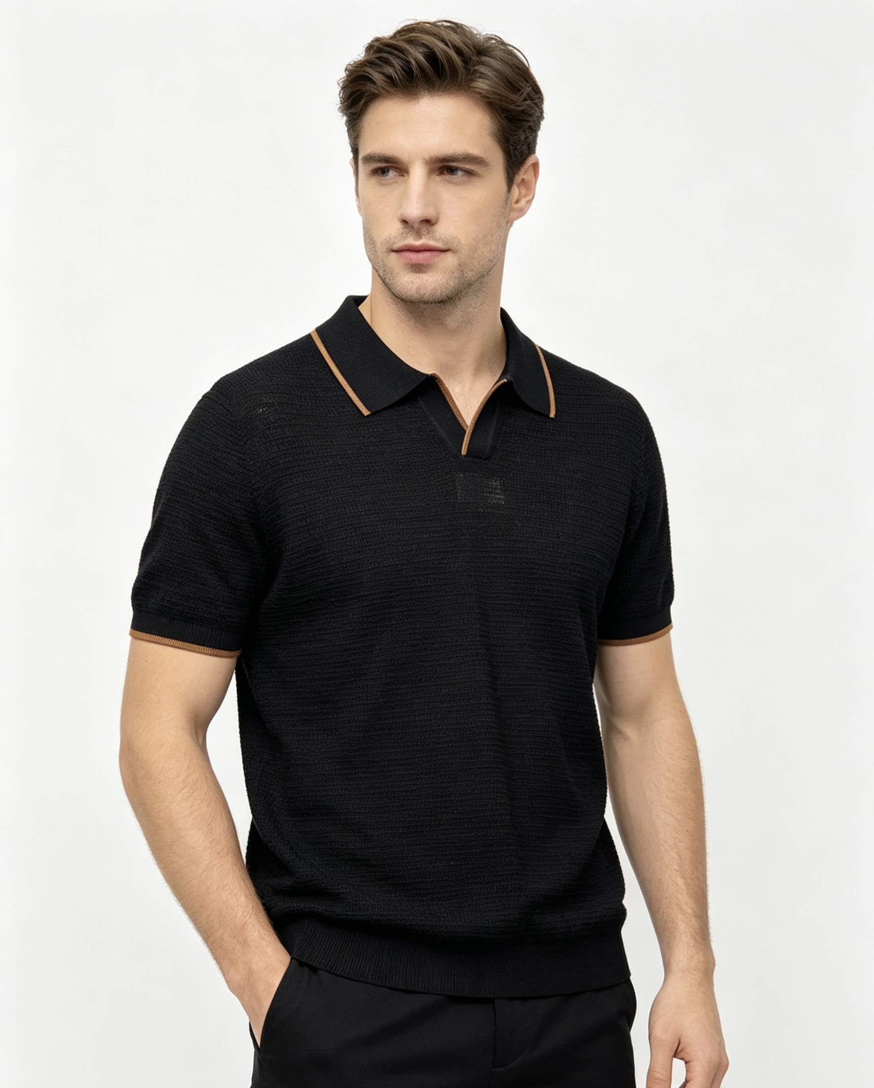 NO:854485,-26SS————Mesh business fashion knitted lapel short-sleeve is the new favorite in the workplace, a charming choice. This mesh business fashion knitted lapel short-sleeve is an excellent match for men in the workplace. It uses a unique mesh knitting process and has excellent breathability. Even in the hot summer, it can keep you dry and comfortable at all times, saying goodbye to the stuffiness and stickiness.  The classic lapel design is simple yet formal, making it easy to adapt to various business situations. The short-sleeved style adds a bit of casualness and vitality, breaking the dullness of traditional business attire. Its slim fit can well outline a man's figure and show his upright posture. Whether paired with suit pants or casual pants, it can make you confident in the workplace, show your fashionable taste and professional temperament, and become a beautiful scenery in the office.  Ready for sale black S-XL, men's clothing, T-shirt, business suit,19860909-26SS———网眼商务时尚针织翻领短袖职场新宠,魅力之选 这款网眼商务时尚针织翻领短袖,是职场男士的绝佳搭配.它采用独特的网眼针织工艺,透气性极佳,即便在炎炎夏日,也能让你时刻保持干爽舒适,告别闷热黏腻. 经典的翻领设计,简约又不失正式感,轻松适配各种商务场合.短袖款式则增添了几分休闲与活力,打破传统商务装的沉闷.其修身的版型,能够很好地勾勒出男士的身形,展现挺拔身姿.无论是搭配西装裤,还是休闲裤,都能让你在职场中自信满满,尽显时尚品味与专业气质,成为办公室里一道亮丽的风景线. 现货发售黑色S-XL,男装,T-shirt,business suit,,Women's clothing
