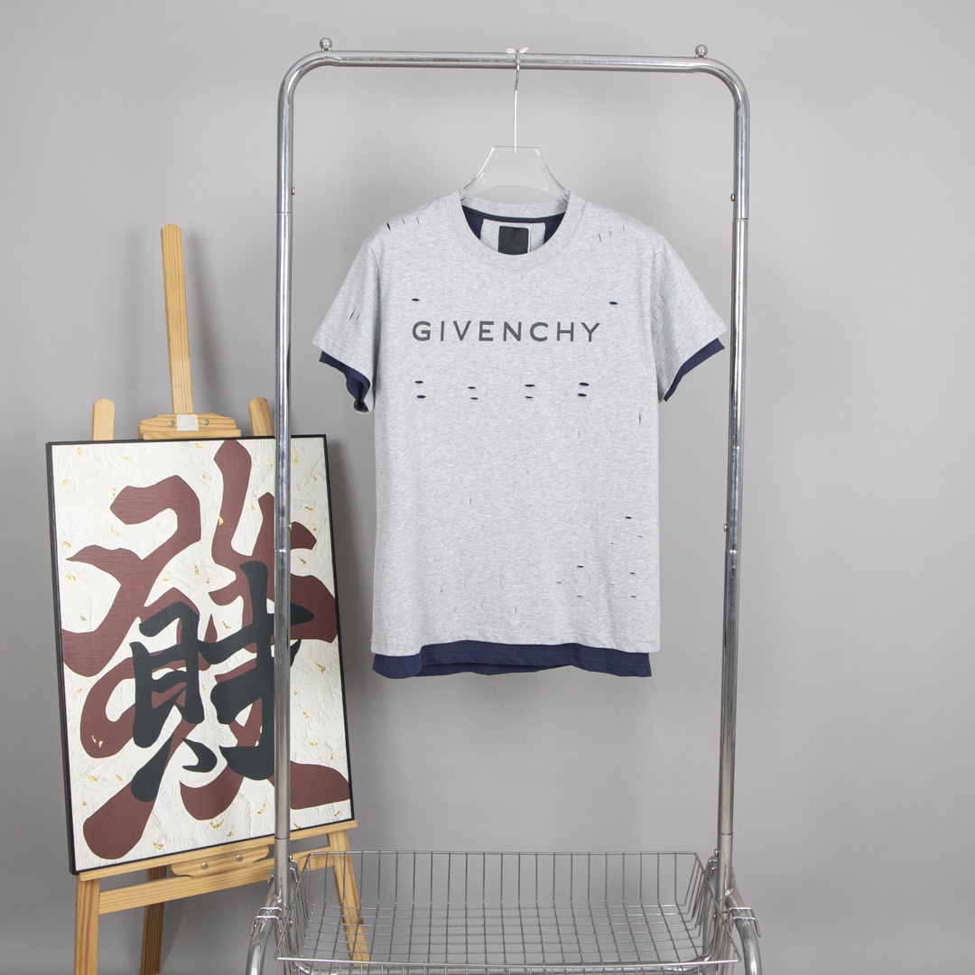 Número de estilo: G15 GIVENCHY Camiseta de manga corta con cuello redondo y estampado de letras de doble capa con aguje…