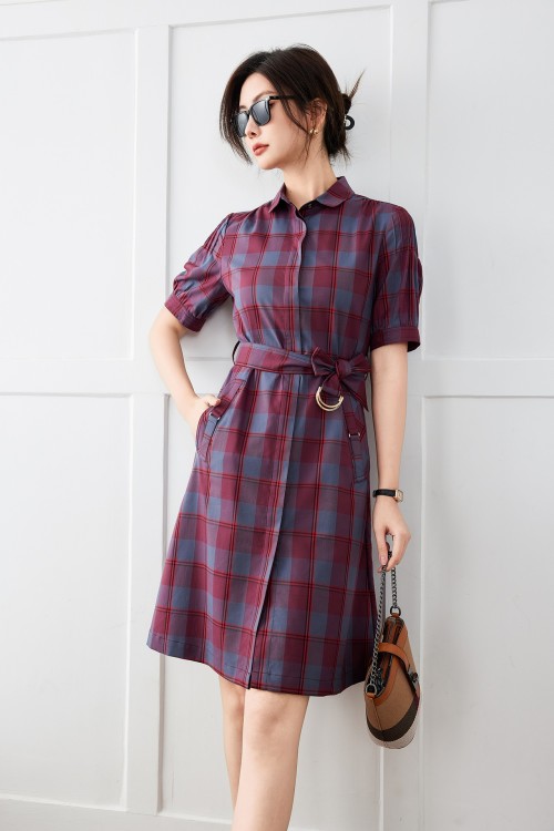 Elegant Plaid Cotton Dress with Belt, Short Sleeve, Knee Length - Summer Style 1 Elegant Plaid Cotton Dress with Belt, Short Sleeve, Knee Length - Summer Style