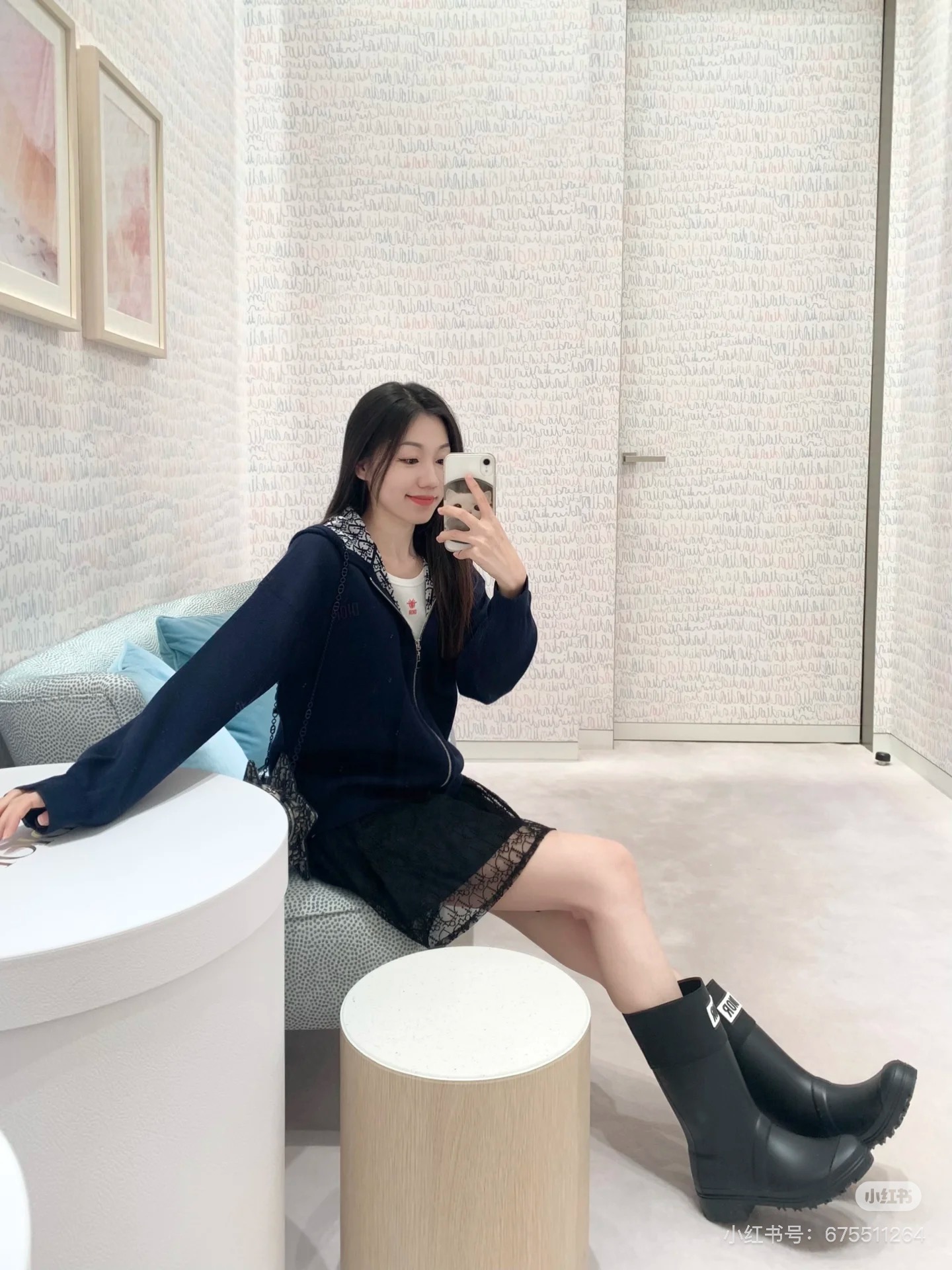 Dior Women's Navy Blue Oblique Jacquard Knit Cotton-Cashmere Blend Hoodie