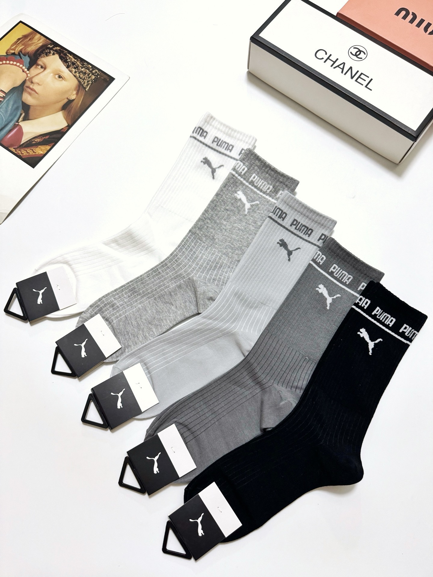 配包装🌟【一盒5 双】 🌟Puma 彪马 明星同款 经典logo 纯棉高筒袜 ，ins超火爆小腿袜，纯棉