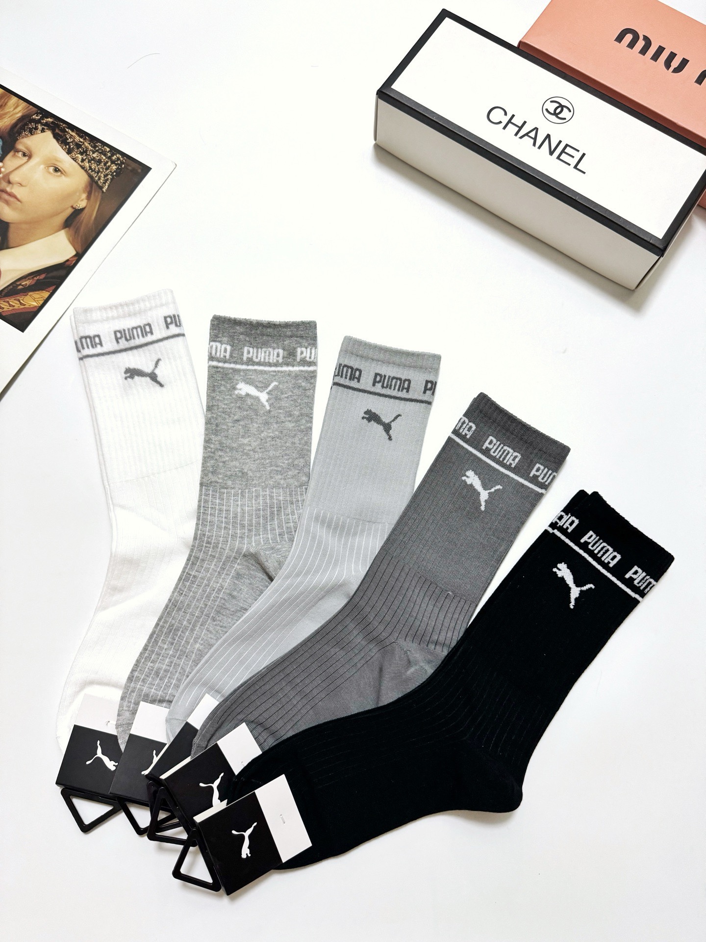 配包装🌟【一盒5 双】 🌟Puma 彪马 明星同款 经典logo 纯棉高筒袜 ，ins超火爆小腿袜，纯棉