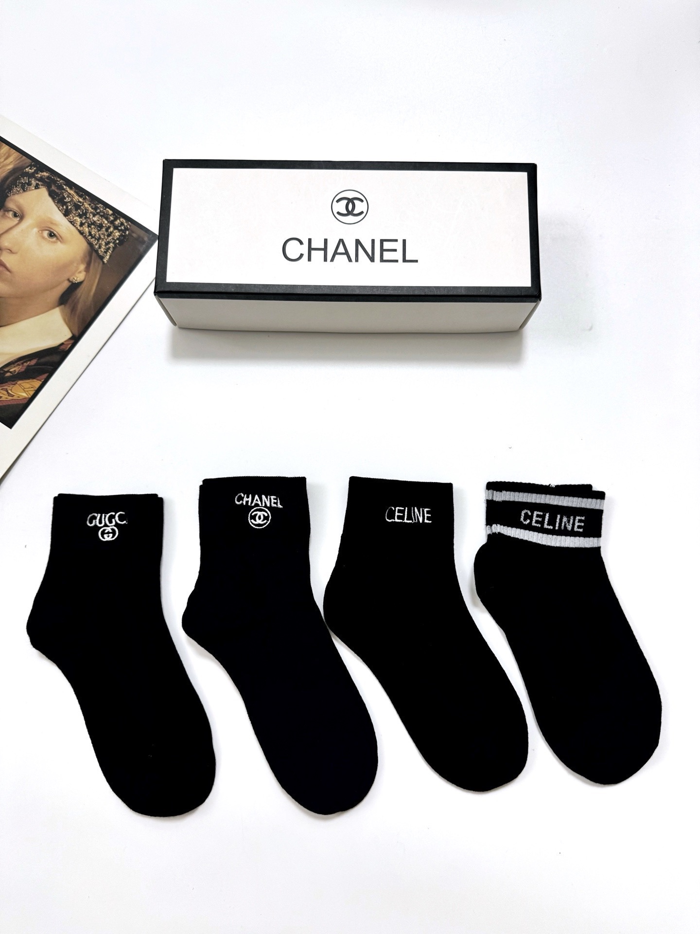 配包装🌟【一盒4双】🌟Chanel 香奈儿 /Gucci /Celine 欧美大牌爆款字母刺绣logo 