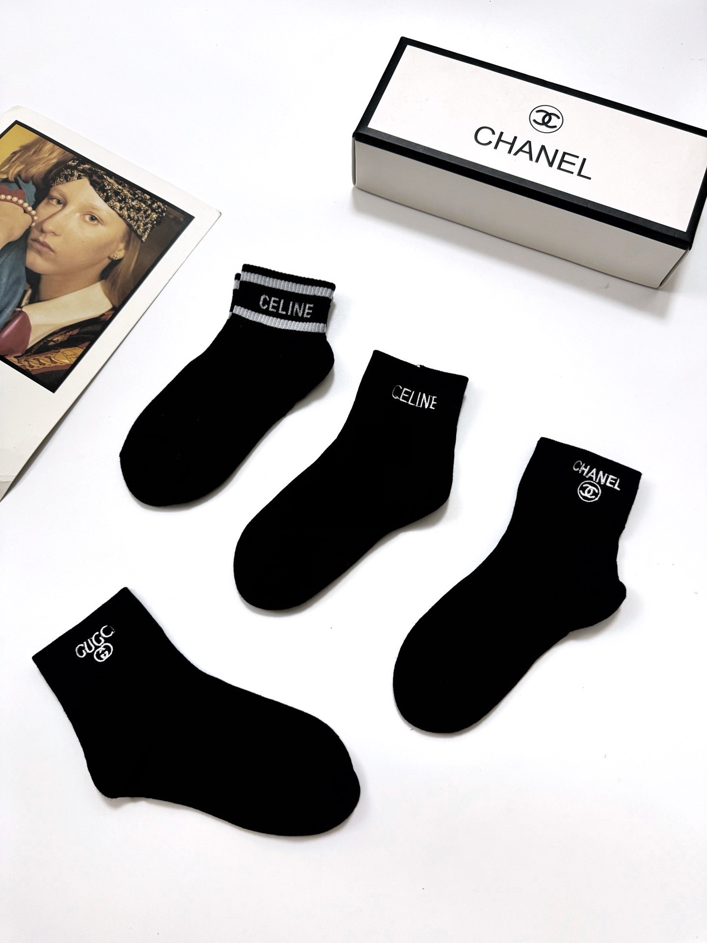 配包装🌟【一盒4双】🌟Chanel 香奈儿 /Gucci /Celine 欧美大牌爆款字母刺绣logo 