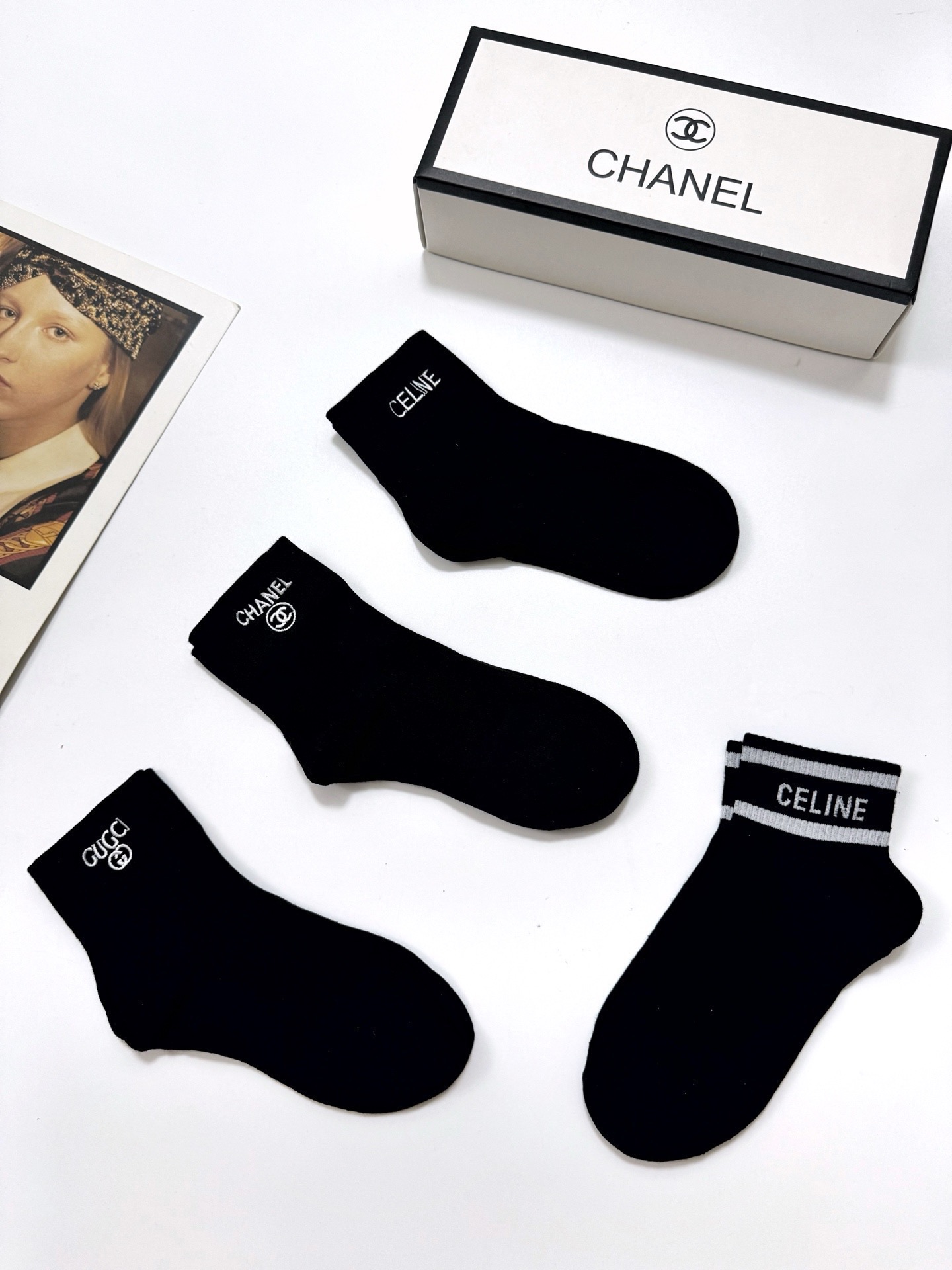 配包装🌟【一盒4双】🌟Chanel 香奈儿 /Gucci /Celine 欧美大牌爆款字母刺绣logo 