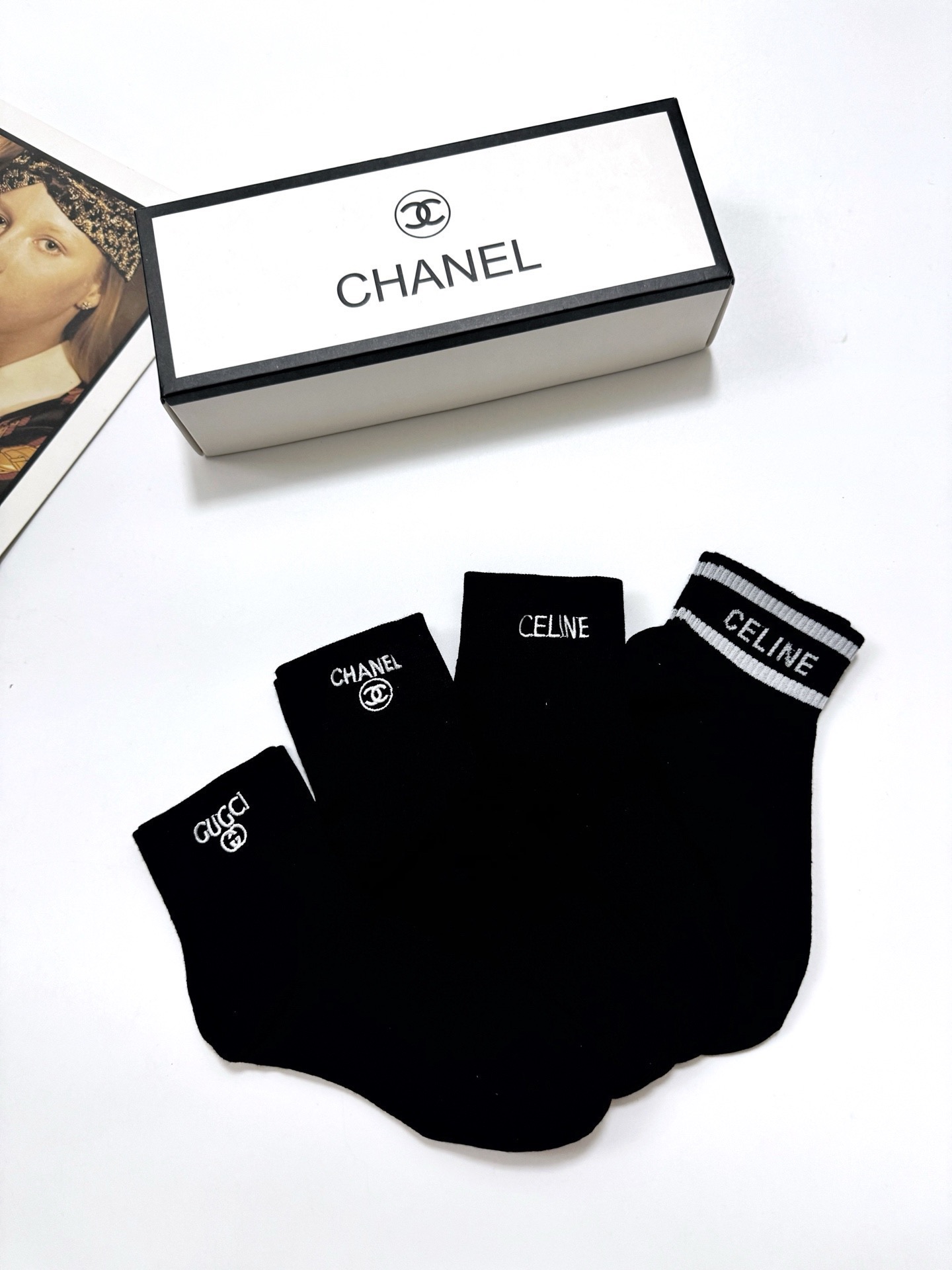 配包装🌟【一盒4双】🌟Chanel 香奈儿 /Gucci /Celine 欧美大牌爆款字母刺绣logo 