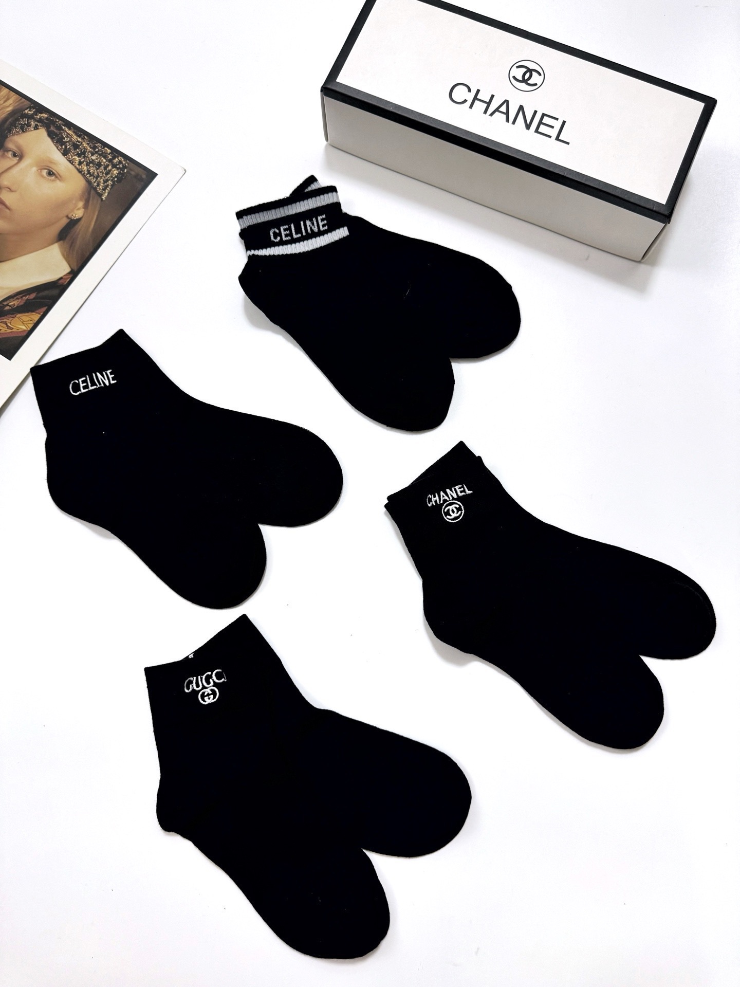 配包装🌟【一盒4双】🌟Chanel 香奈儿 /Gucci /Celine 欧美大牌爆款字母刺绣logo 