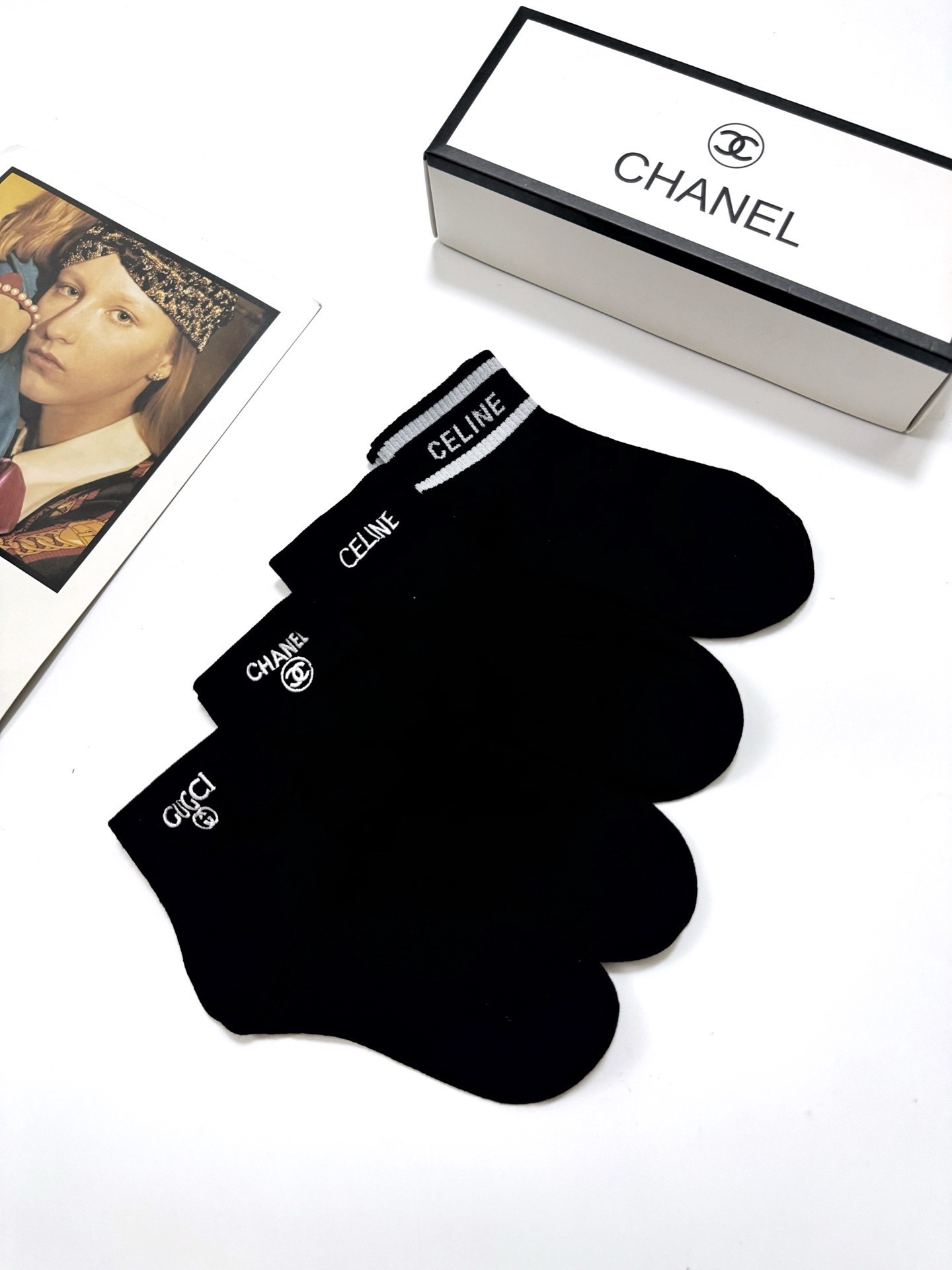 配包装🌟【一盒4双】🌟Chanel 香奈儿 /Gucci /Celine 欧美大牌爆款字母刺绣logo 