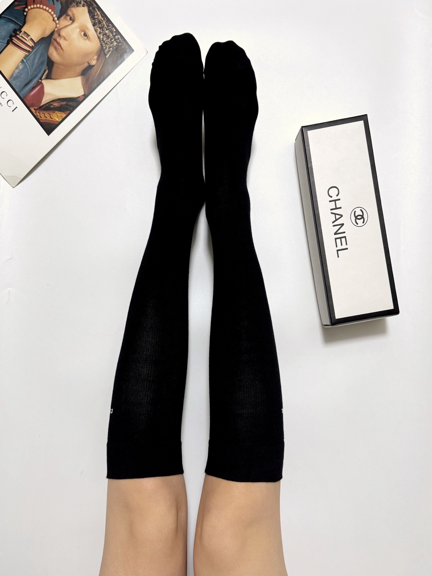 配包装🌟【一盒一双】🌟Chanel 香奈儿 经典双C字母logo纯棉长筒袜 小腿袜🌟ins爆款！专柜在售