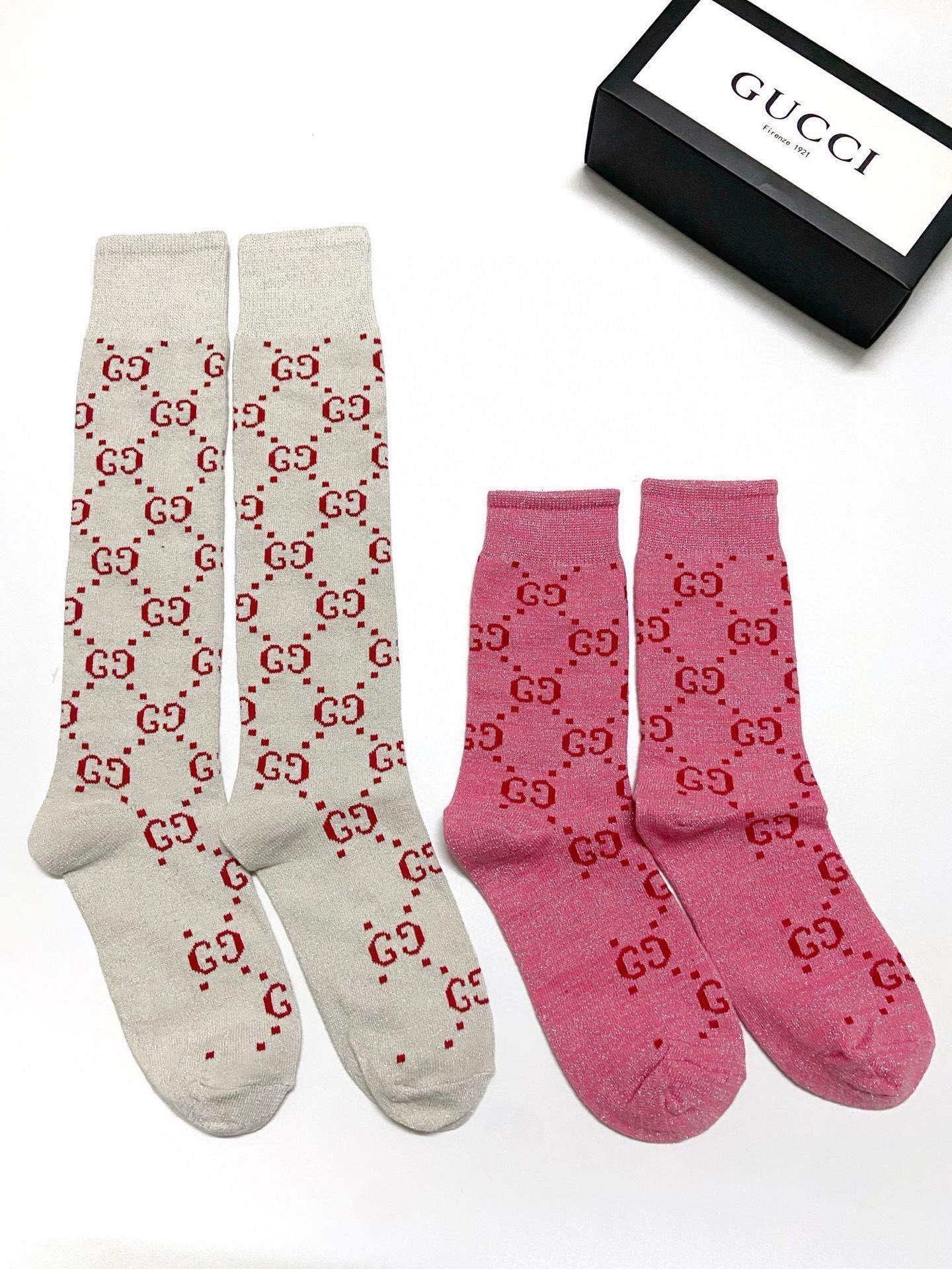 配包装🌟【一盒2 双】🌟Gucci 古奇 爆款金银丝长筒袜 中筒袜，超级火爆小腿袜🔥双针针织混纺金银丝材