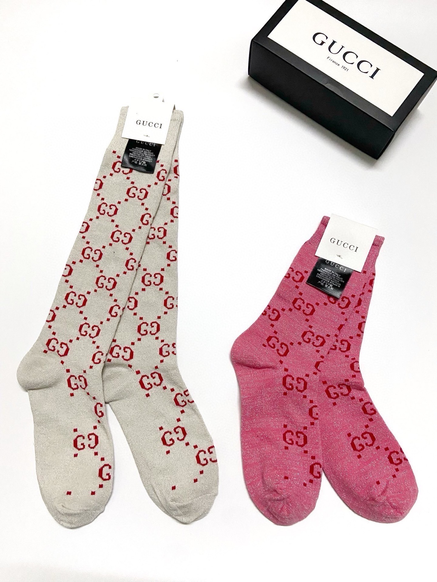 配包装🌟【一盒2 双】🌟Gucci 古奇 爆款金银丝长筒袜 中筒袜，超级火爆小腿袜🔥双针针织混纺金银丝材