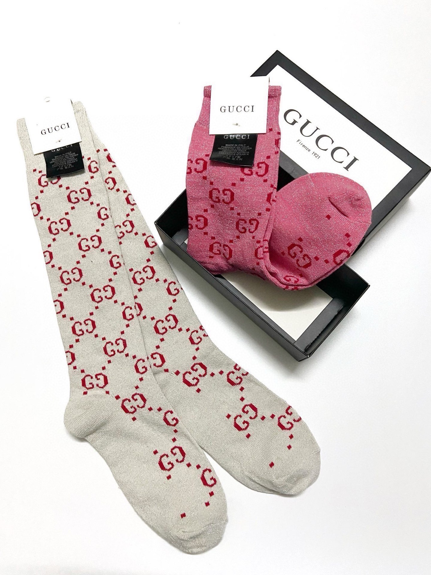 配包装🌟【一盒2 双】🌟Gucci 古奇 爆款金银丝长筒袜 中筒袜，超级火爆小腿袜🔥双针针织混纺金银丝材