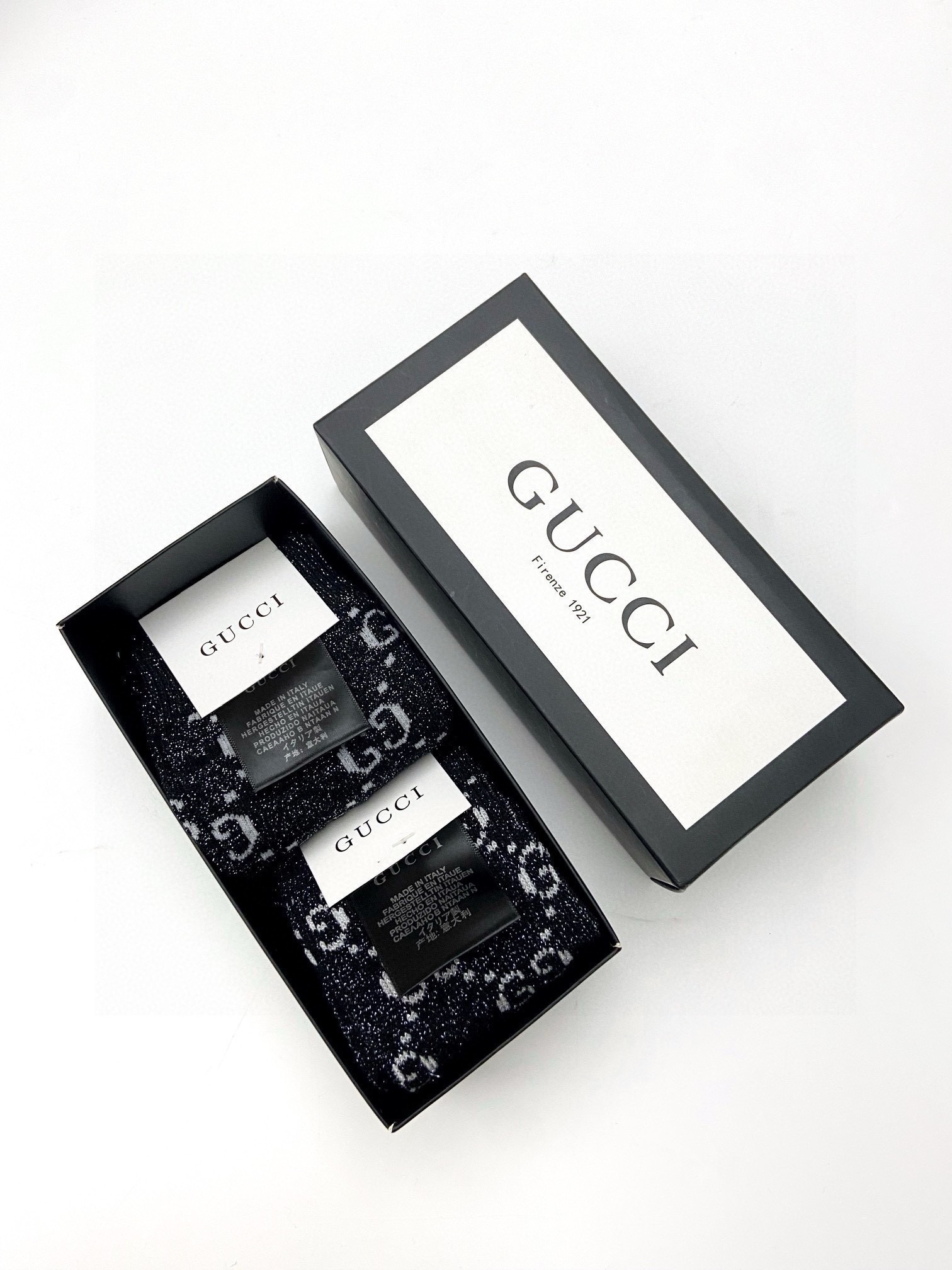 配包装🌟【一盒2 双】🌟Gucci 古奇 爆款金银丝长筒袜 中筒袜，超级火爆小腿袜🔥双针针织混纺金银丝材