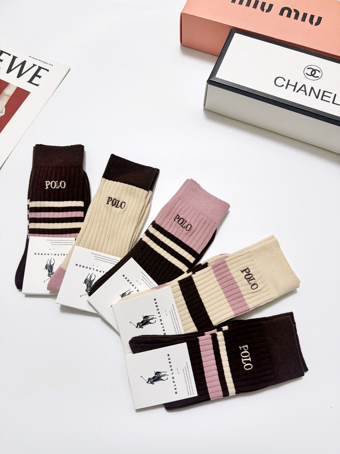 配包装🌟【一盒5 双】 🌟 POLO 拉夫劳伦 经典刺绣字母logo 纯棉中筒袜 ，ins超火爆小腿袜，