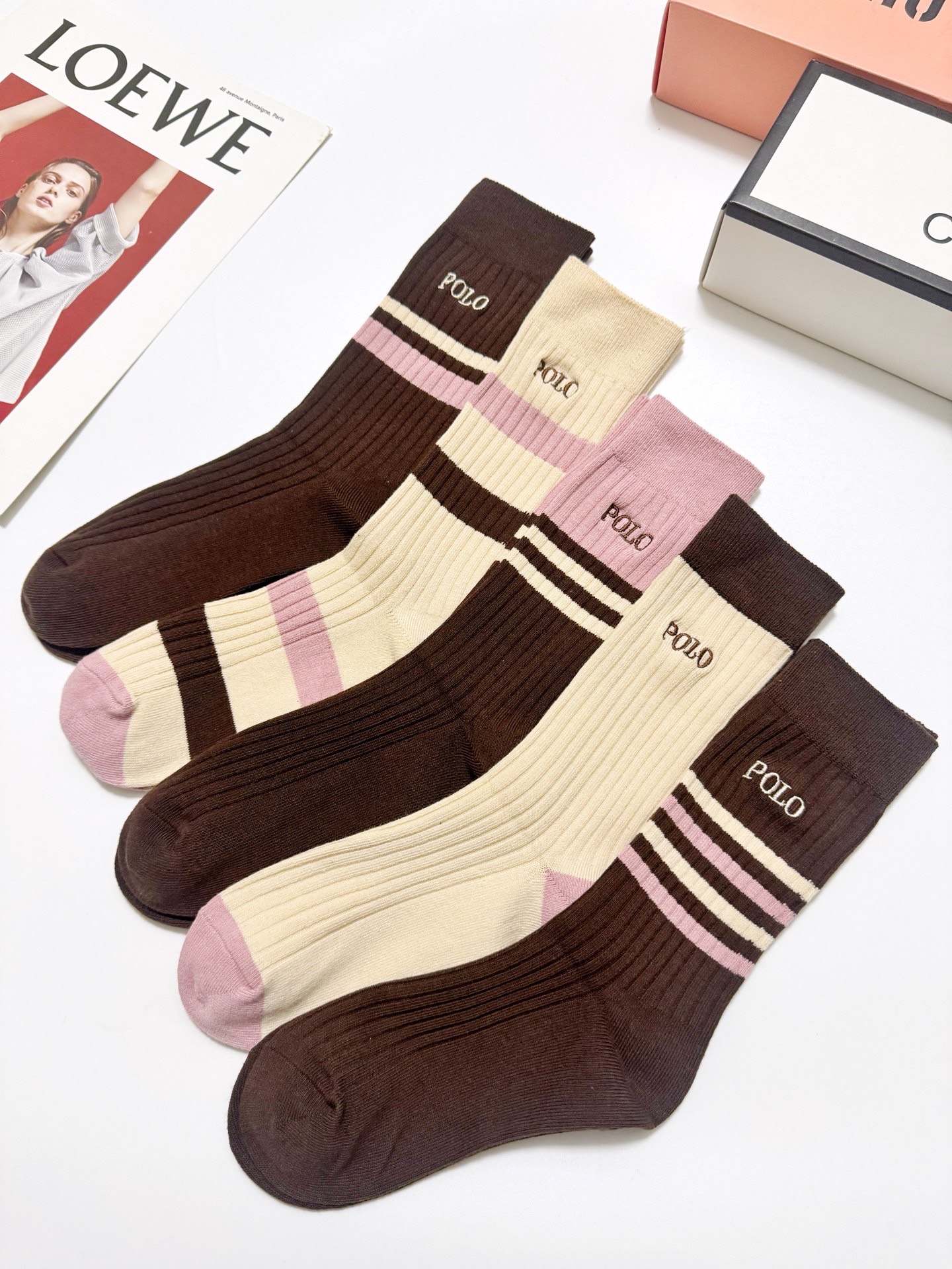 配包装🌟【一盒5 双】 🌟 POLO 拉夫劳伦 经典刺绣字母logo 纯棉中筒袜 ，ins超火爆小腿袜，