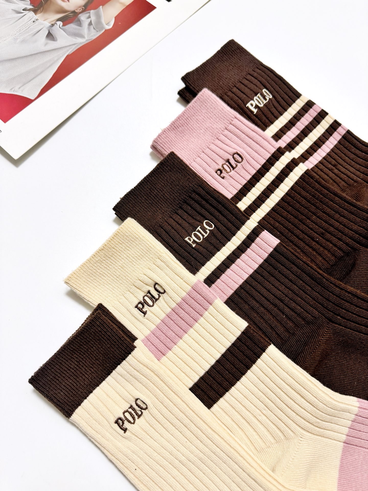 配包装🌟【一盒5 双】 🌟 POLO 拉夫劳伦 经典刺绣字母logo 纯棉中筒袜 ，ins超火爆小腿袜，