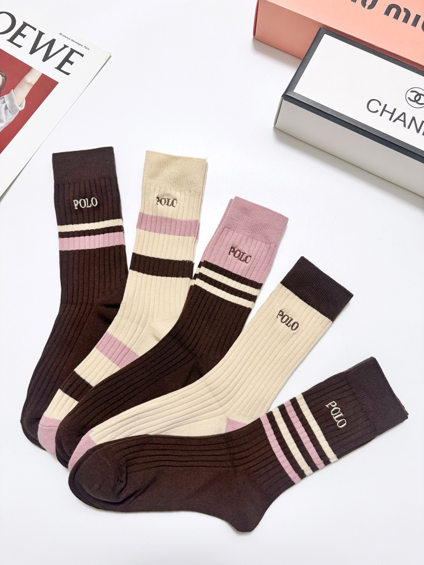 配包装🌟【一盒5 双】 🌟 POLO 拉夫劳伦 经典刺绣字母logo 纯棉中筒袜 ，ins超火爆小腿袜，