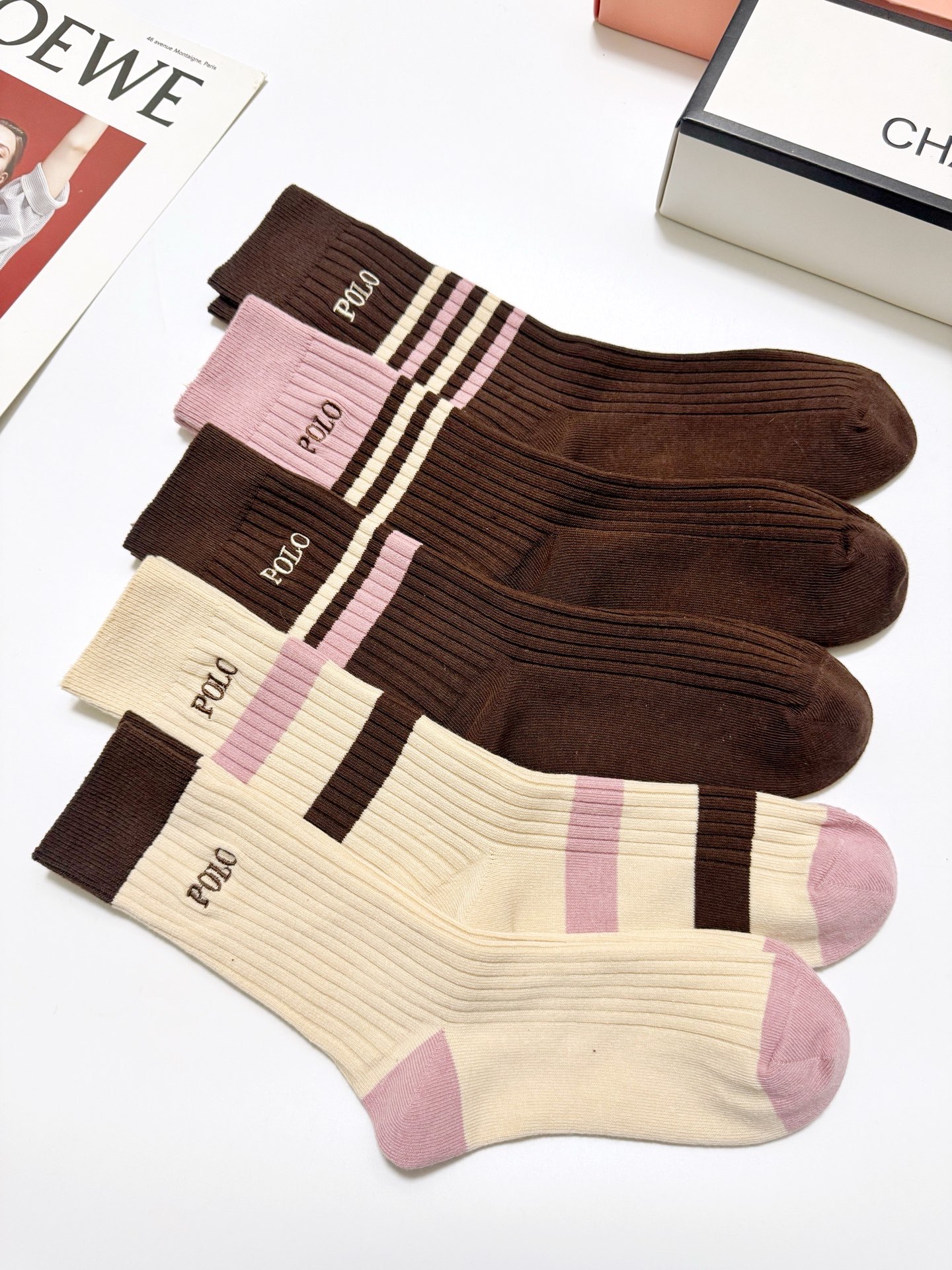 配包装🌟【一盒5 双】 🌟 POLO 拉夫劳伦 经典刺绣字母logo 纯棉中筒袜 ，ins超火爆小腿袜，