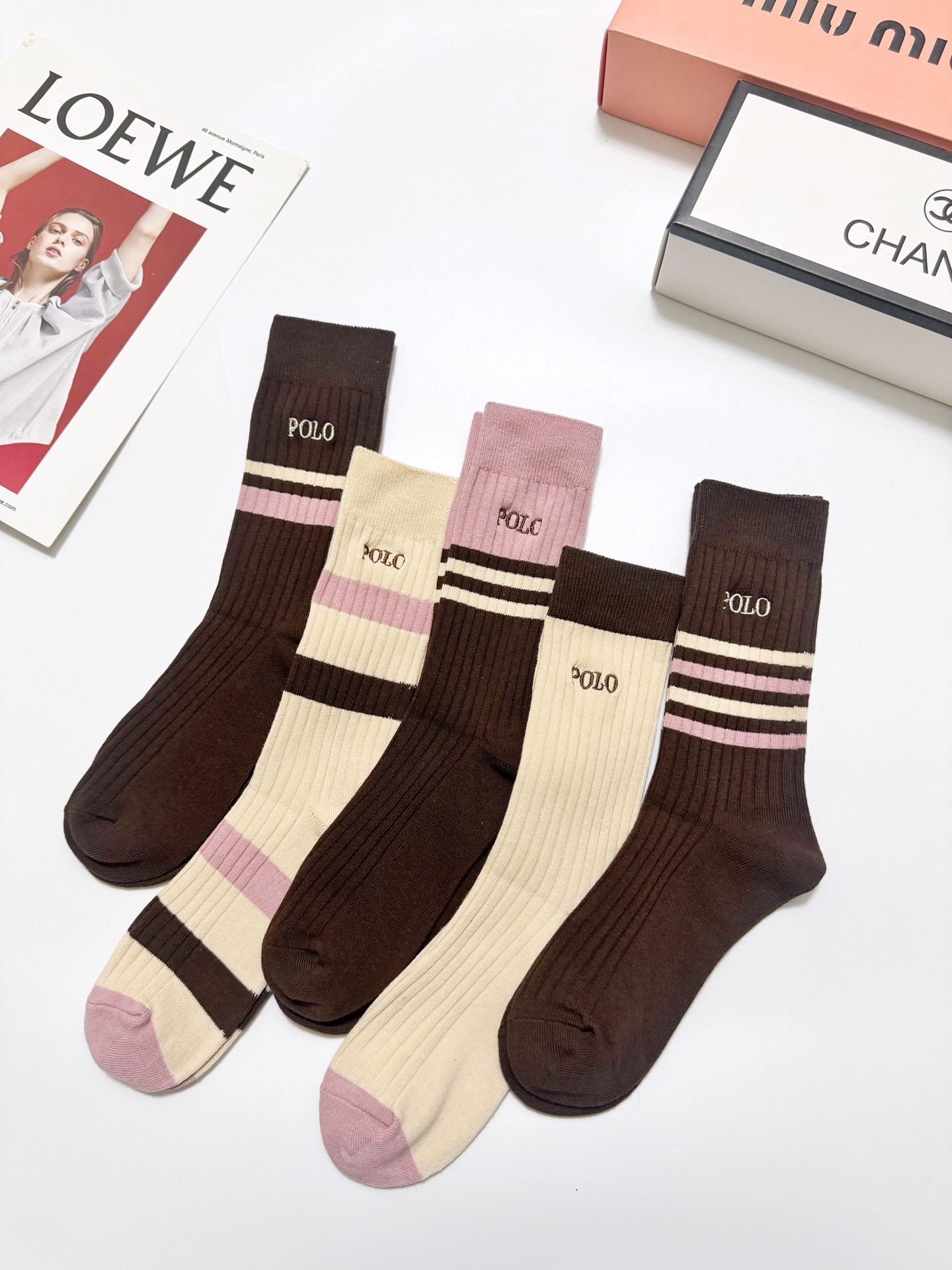 配包装🌟【一盒5 双】 🌟 POLO 拉夫劳伦 经典刺绣字母logo 纯棉中筒袜 ，ins超火爆小腿袜，