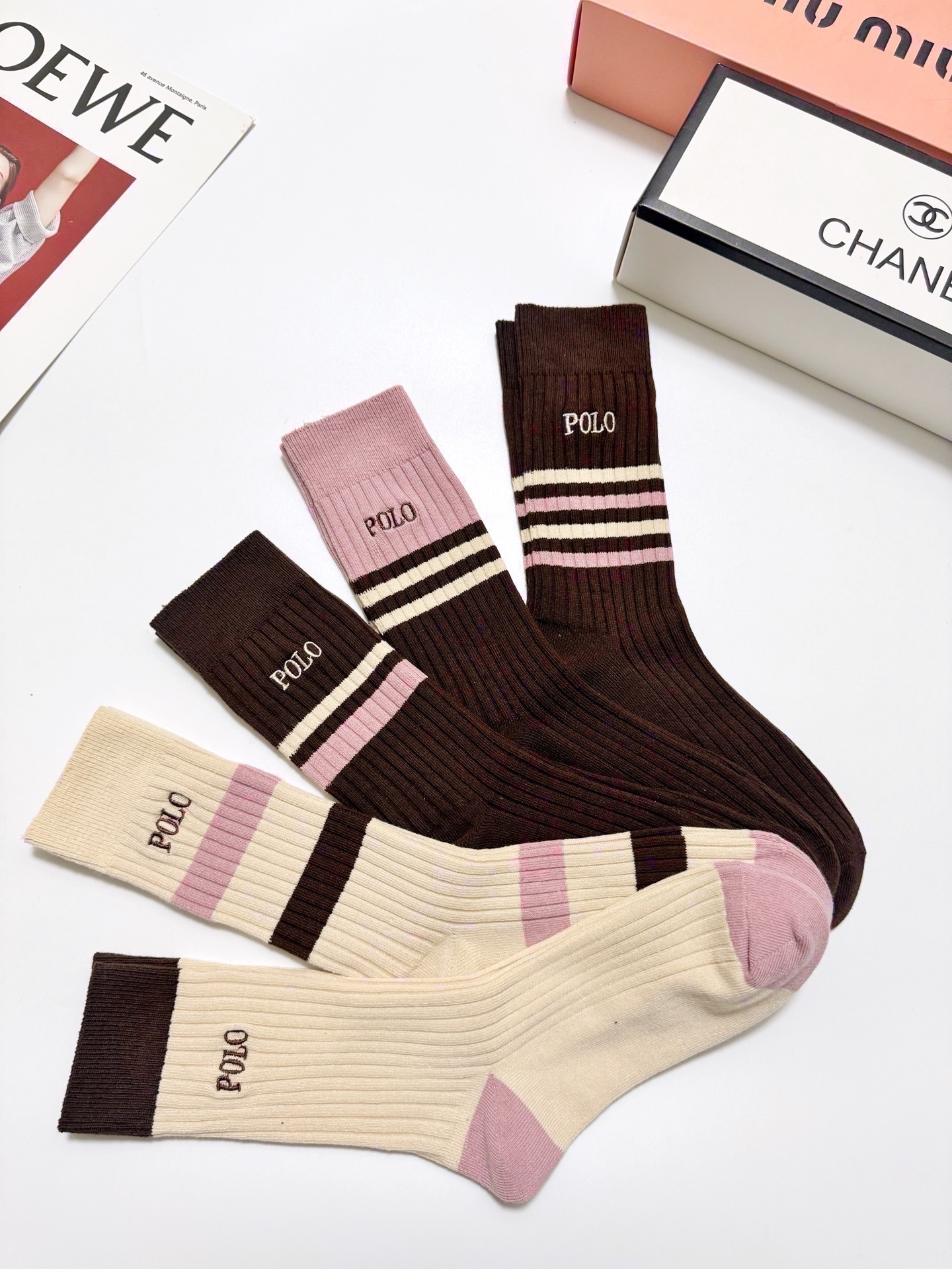 配包装🌟【一盒5 双】 🌟 POLO 拉夫劳伦 经典刺绣字母logo 纯棉中筒袜 ，ins超火爆小腿袜，
