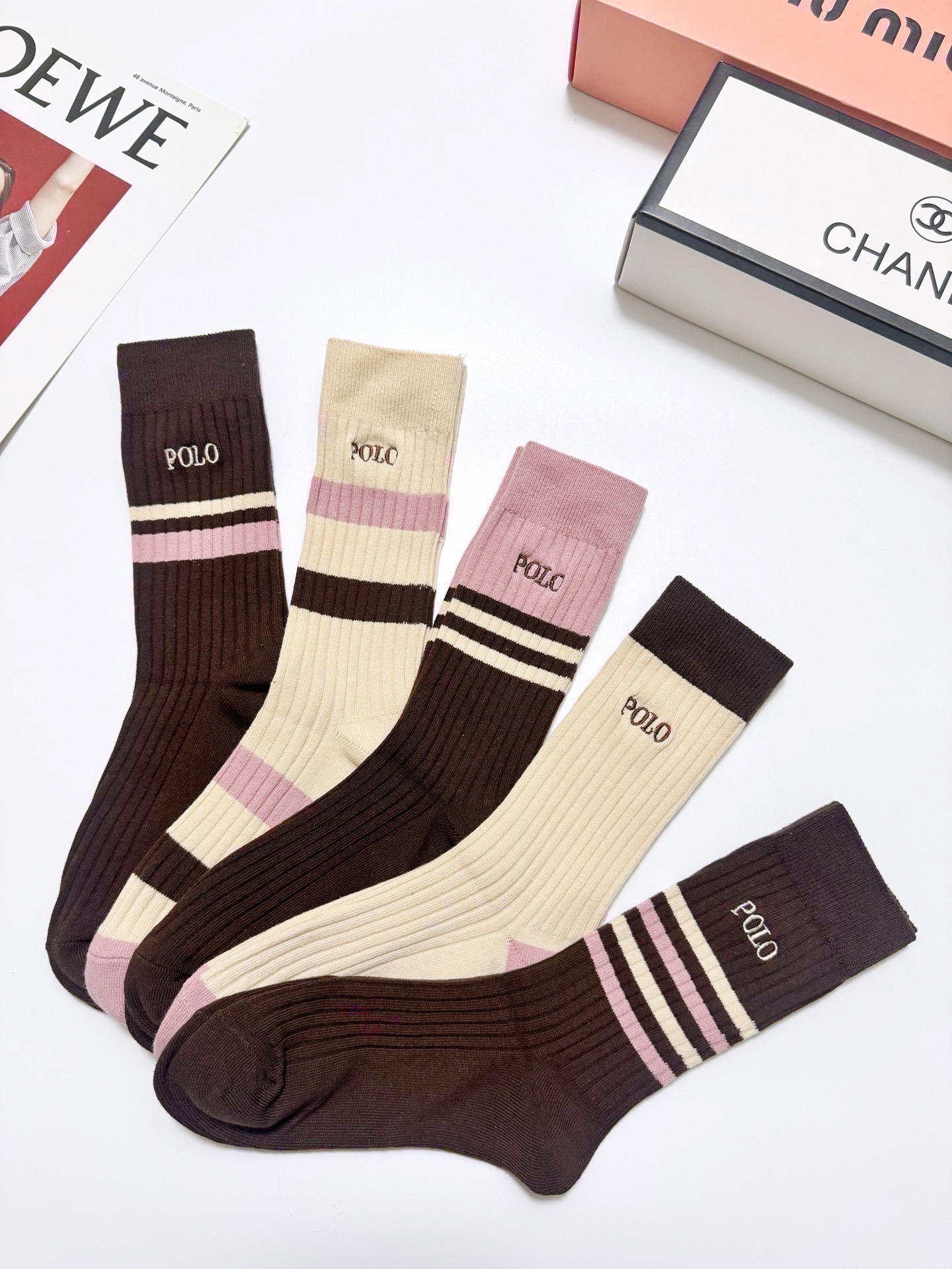 配包装🌟【一盒5 双】 🌟 POLO 拉夫劳伦 经典刺绣字母logo 纯棉中筒袜 ，ins超火爆小腿袜，