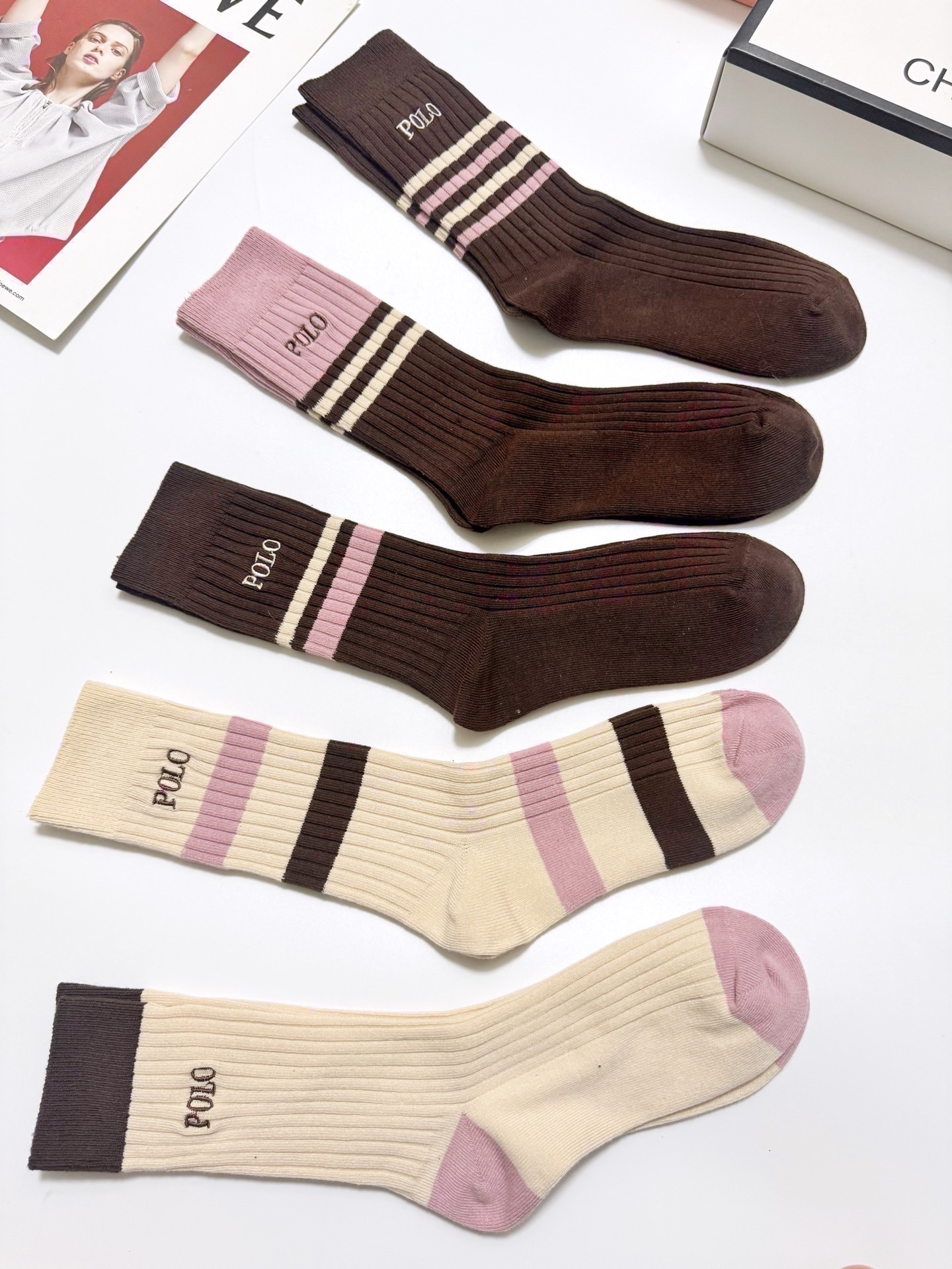 配包装🌟【一盒5 双】 🌟 POLO 拉夫劳伦 经典刺绣字母logo 纯棉中筒袜 ，ins超火爆小腿袜，