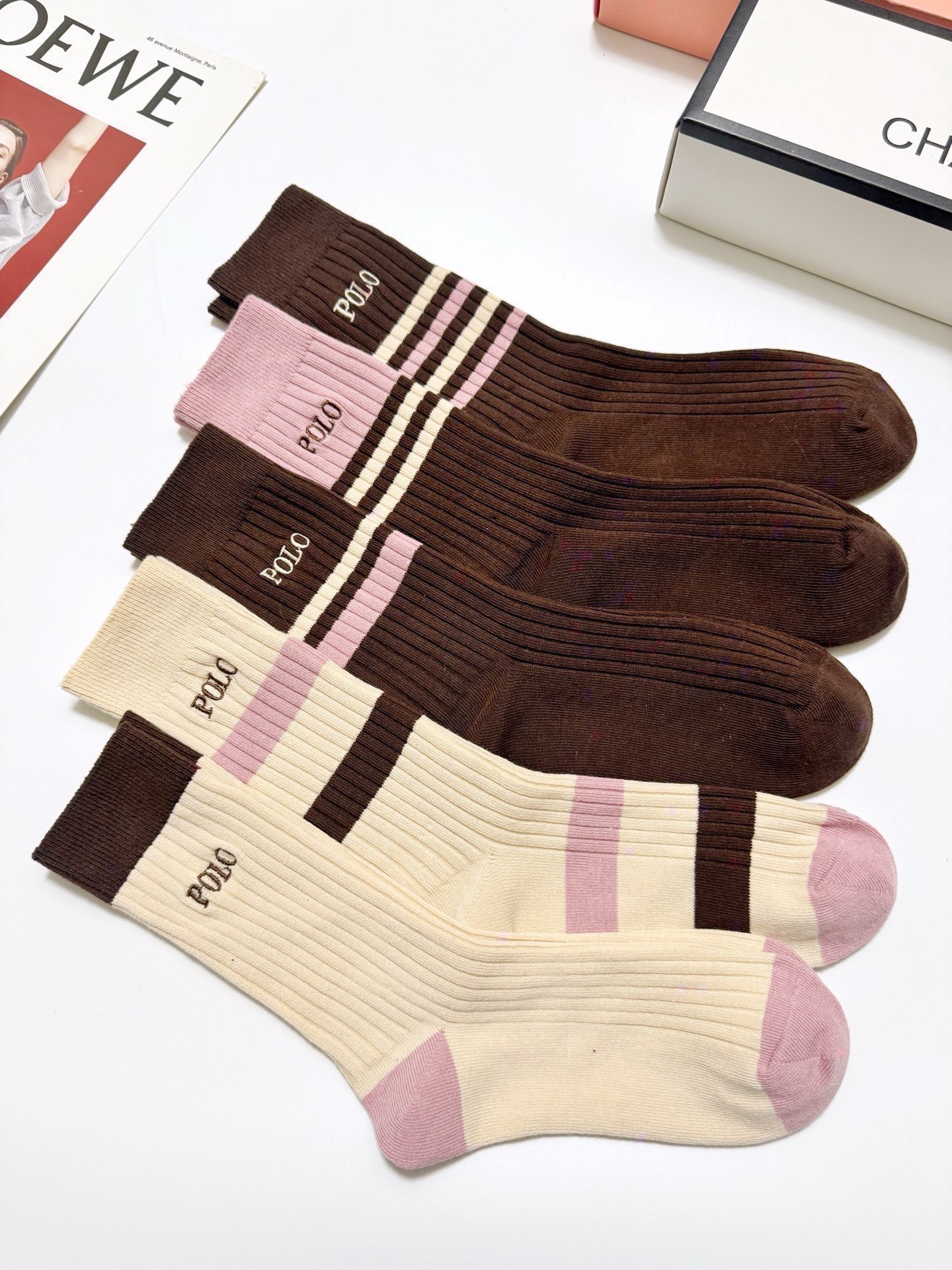 配包装🌟【一盒5 双】 🌟 POLO 拉夫劳伦 经典刺绣字母logo 纯棉中筒袜 ，ins超火爆小腿袜，