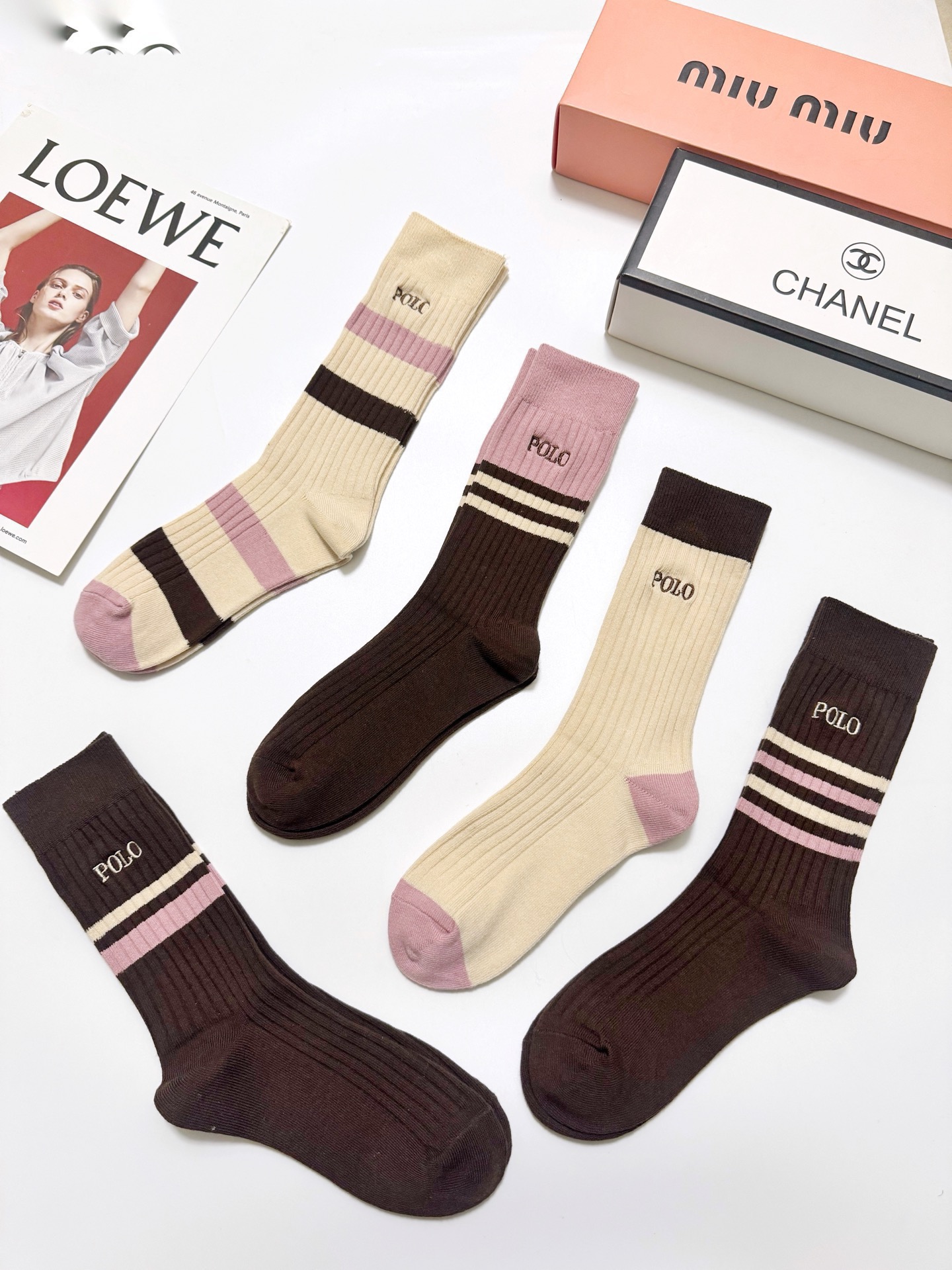 配包装🌟【一盒5 双】 🌟 POLO 拉夫劳伦 经典刺绣字母logo 纯棉中筒袜 ，ins超火爆小腿袜，