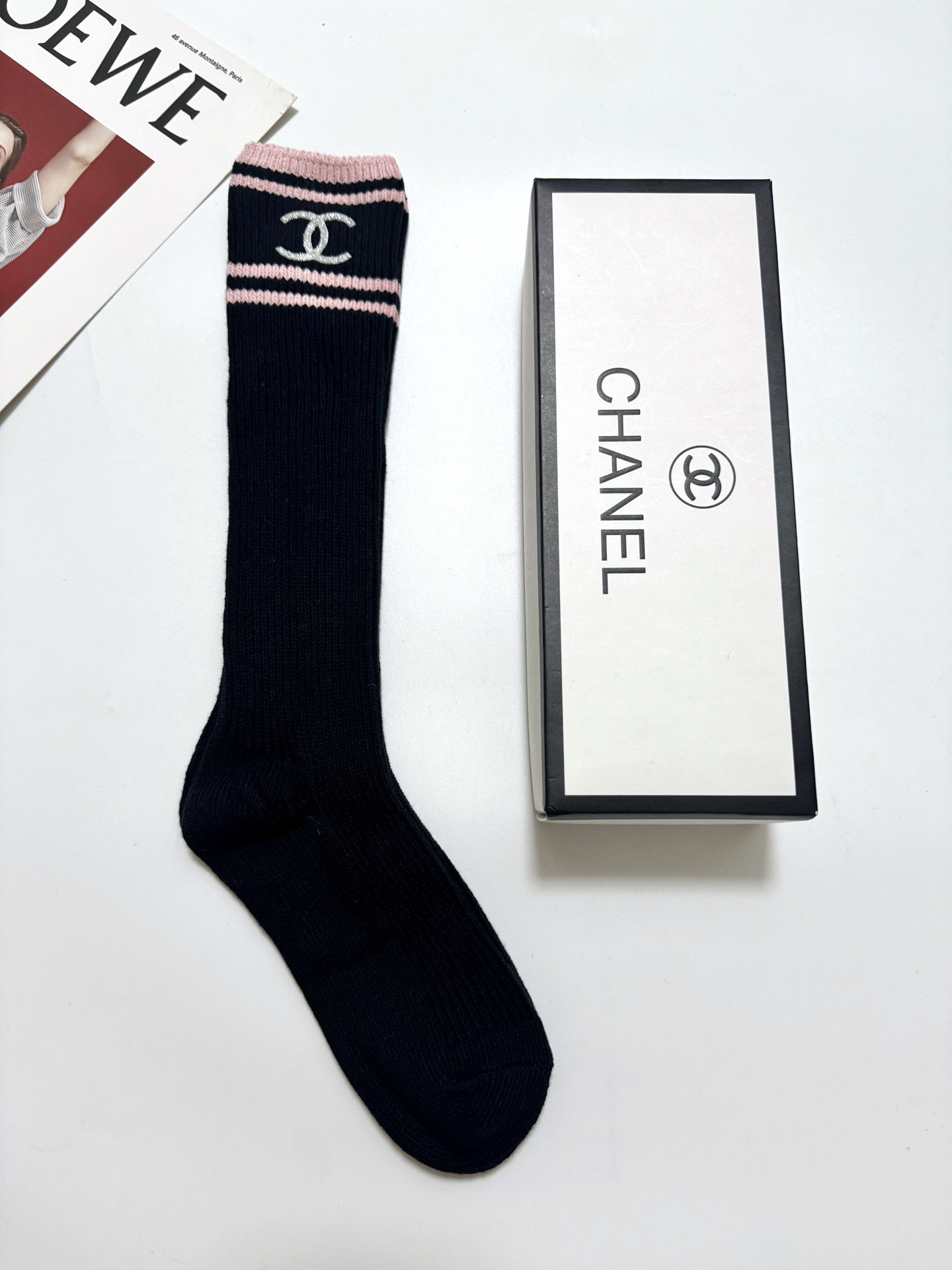 配包装🌟【一盒一双】🌟Chanel 香奈儿 经典双C字母logo纯棉长筒袜  小腿袜🌟ins爆款！专柜在