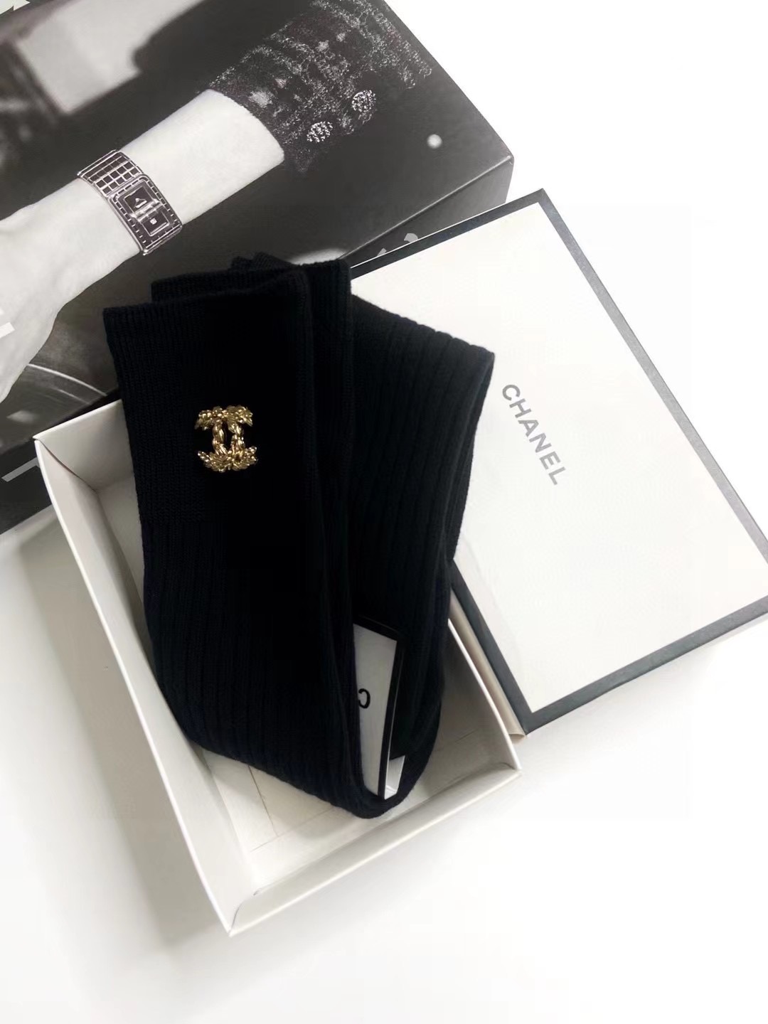 配包装 🌟【一盒一双】 🌟Chanel 香奈儿 经典双C字母logo纯棉长筒袜  小腿袜 🌟ins爆款！专柜在售ing 